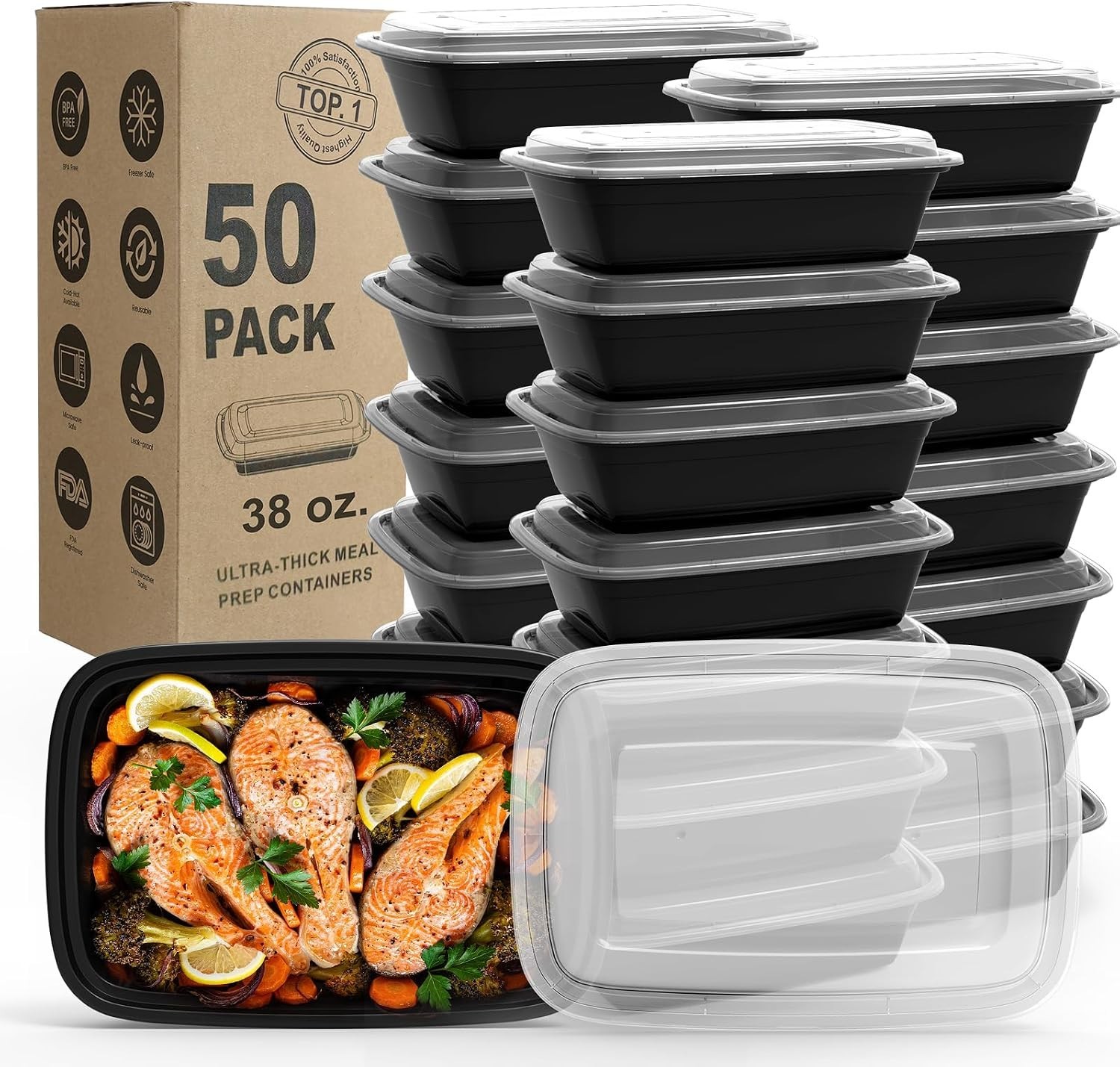 Durable 38oz Meal Prep Containers – 50 Pack Freezer/Microwave Safe & Reusable
