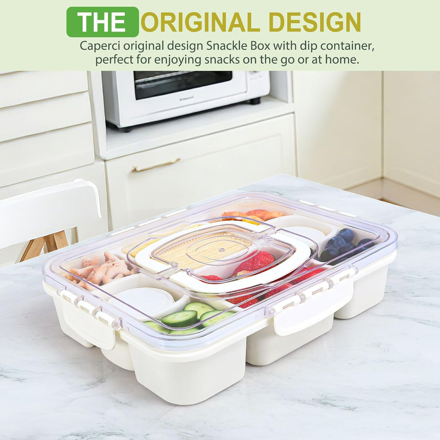 Snackle Box Container with 2 Sauce Cups – Large 8-Compartment Divided Serving Tr