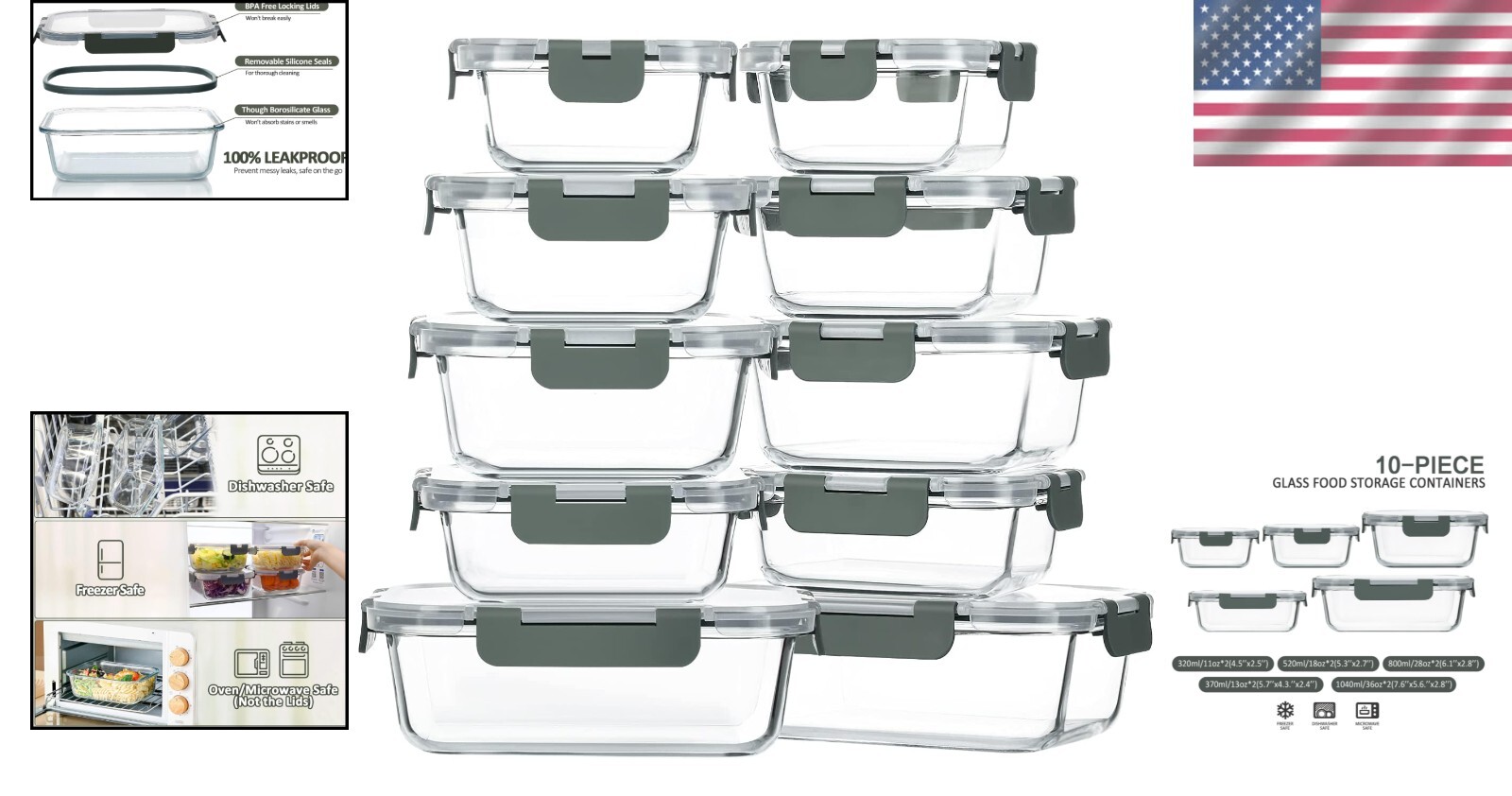 10-Pack Premium Borosilicate Glass Food Storage Containers with Airtight Lids
