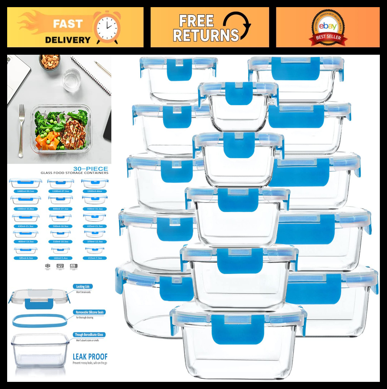 30-Piece Glass Food Storage Containers Set – Airtight Snap Lock Lids, Meal Prep,