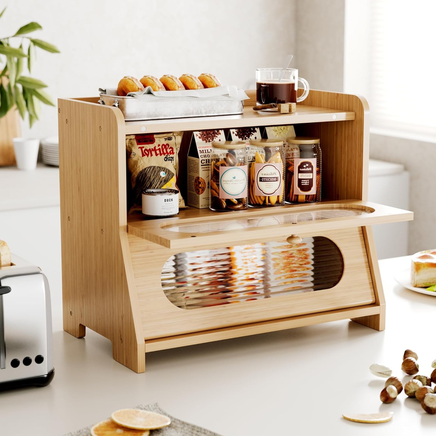 Bread Box,Extra Large 2-Tier Bamboo Bread Box for Kitchen Countertop,Bread