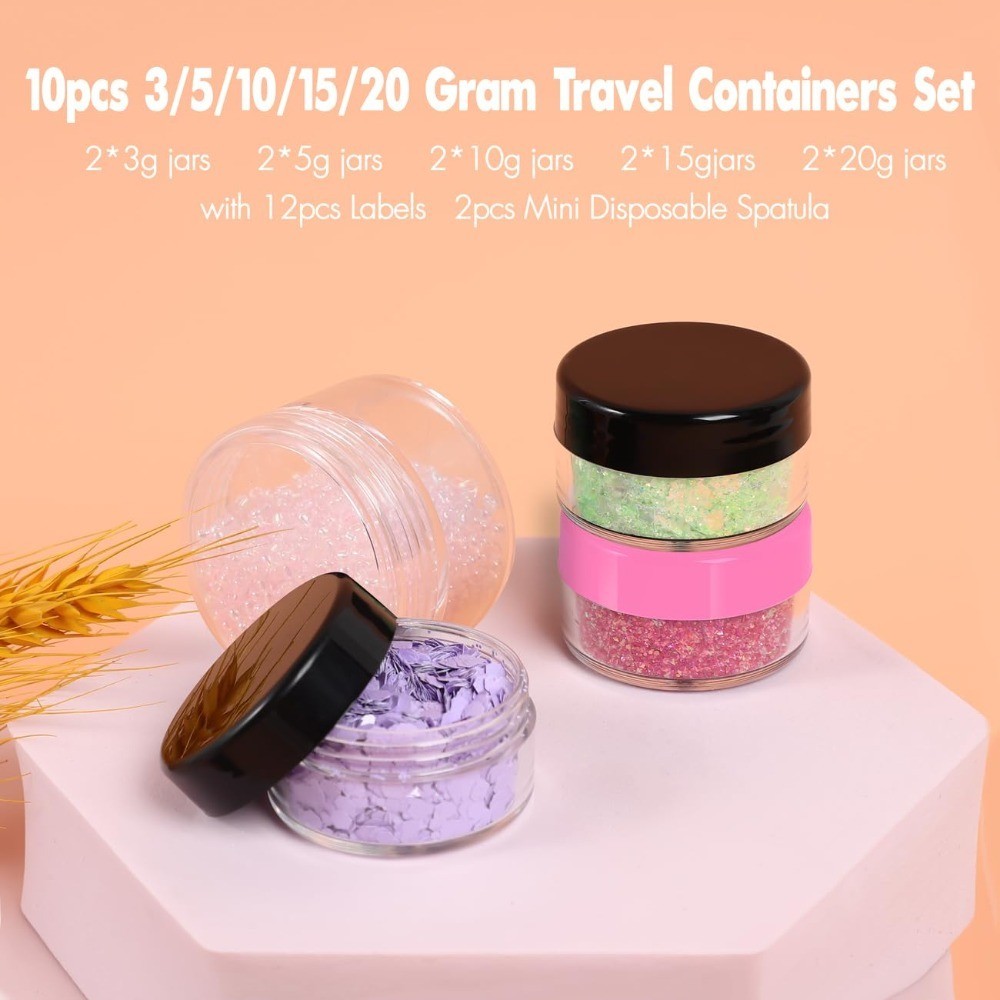 10-Piece Travel Containers Set with 3g 5g 10g 15g 20g Jars Clear Plastic Screw