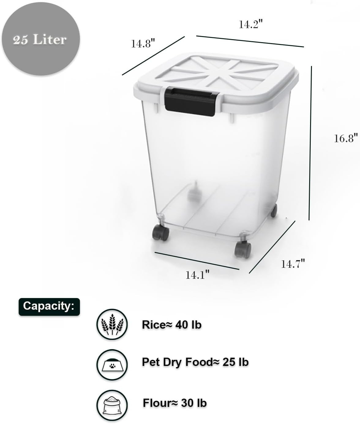 40 LB Rice Storage Container with Measuring Cup, BPA Free, for Rice | Grain | Pe