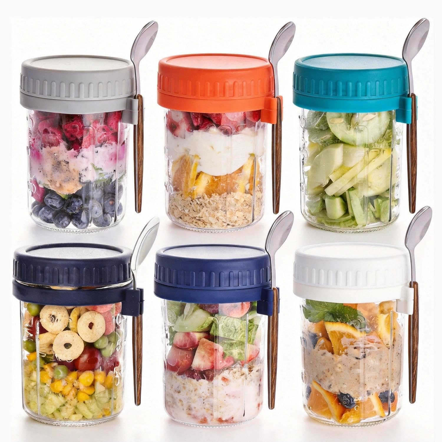 6 Pack Overnight Oats Containers with Lids and Spoons, 16 OZ Glass Oatmeal Co…