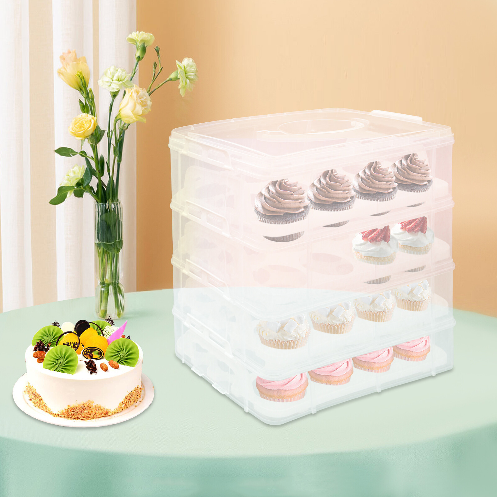 4-Tiers Portable Cupcake Carrier Cupcake Holder Carrier Stacking Cupcake Storage