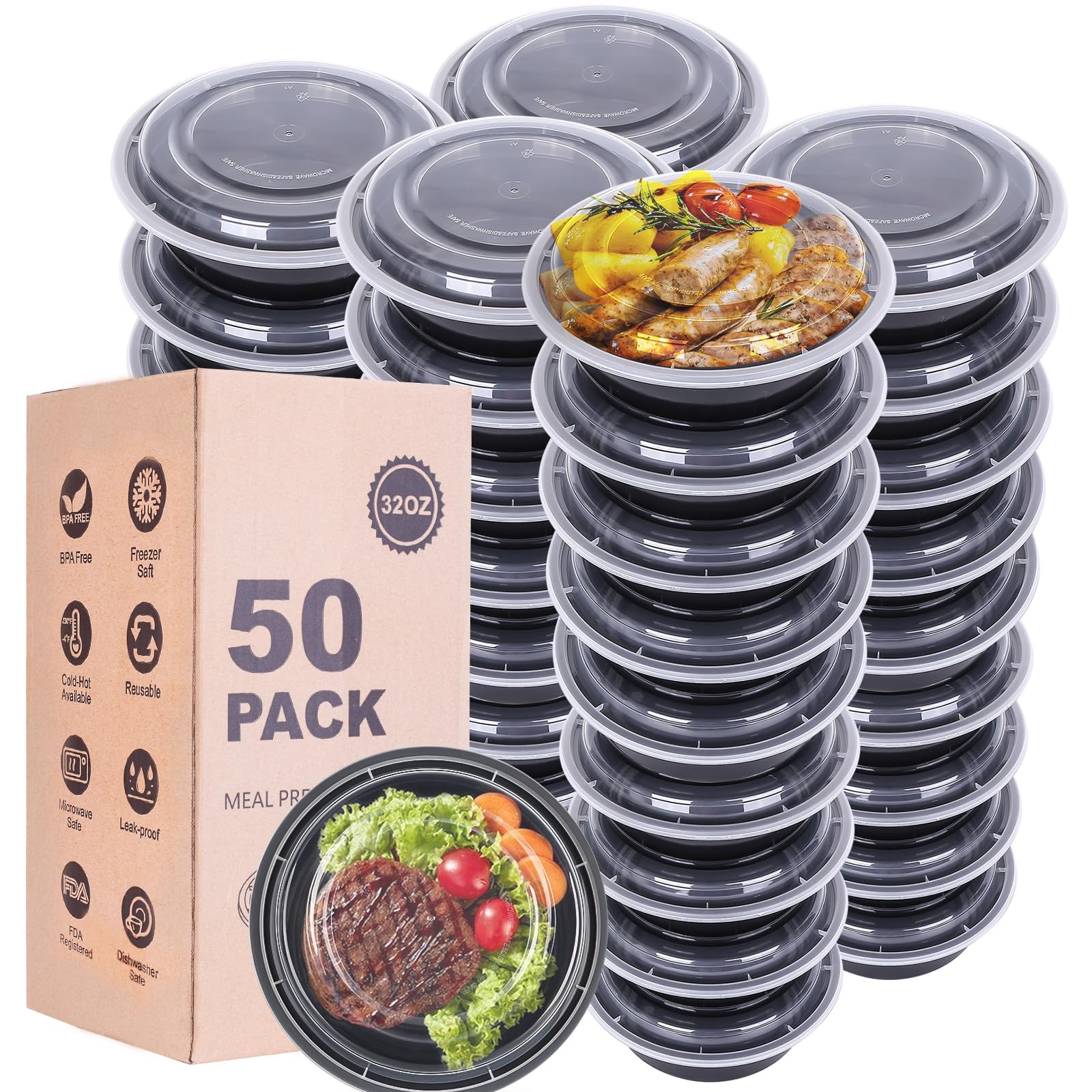 WGCC Meal Prep Containers with Lids – 50Pack 32OZ BOWL-50Pack, Black