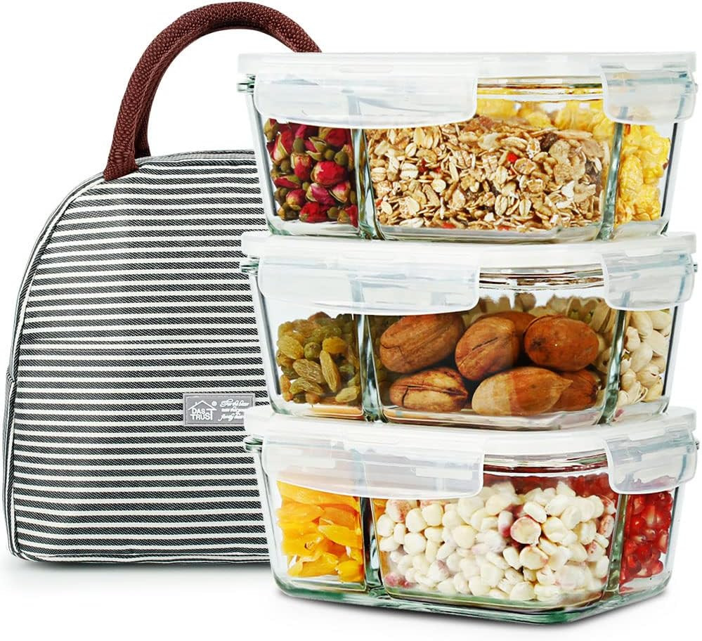 3 Pack 36Oz Bento Box Glass Meal Prep Containers with 3 Compartments, Glass Food