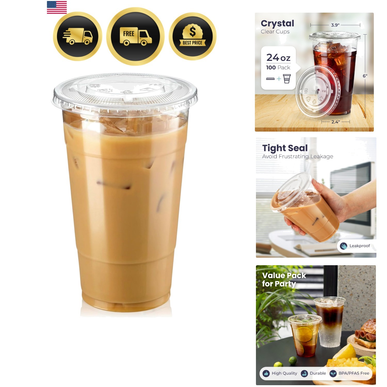 100 Pack 24 oz Clear Plastic Cups with Flat Lids, Disposable Iced Coffee Cups…