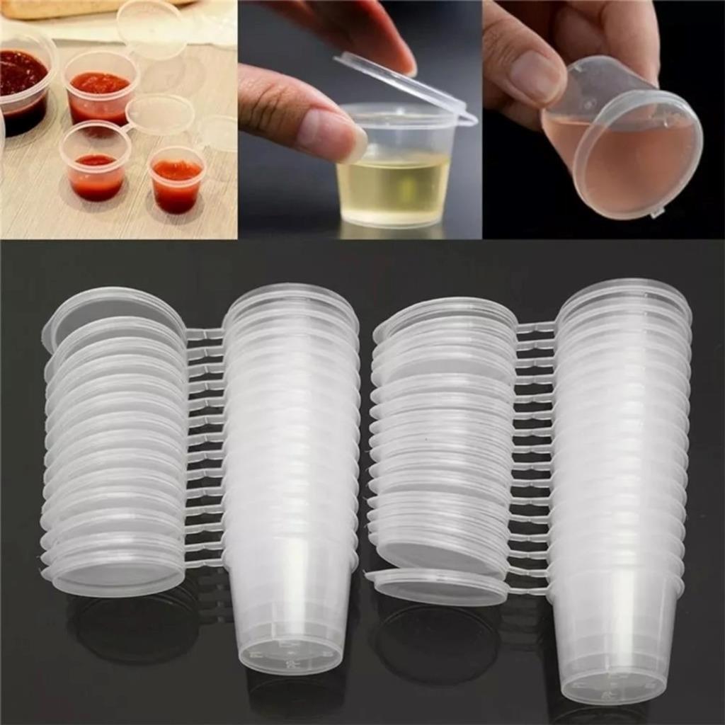 180 Reusable 25ml Plastic Sauce Containers Hinged Lids Clear Takeaway Food Grade