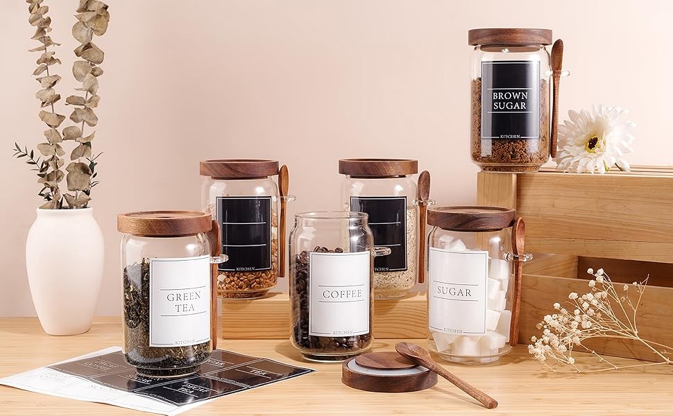 Coffee and Sugar Container Set, Glass Coffee Jars with Wooden Lids and Scoops,