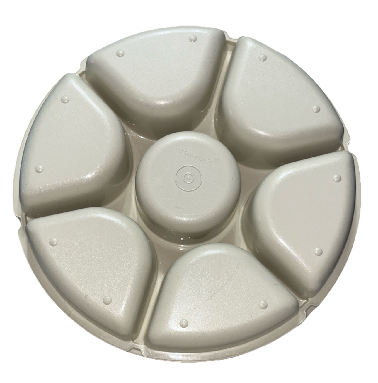 Vintage Tupperware 6 Section Snack Serving Tray Almond Lazy Susan Dip Center