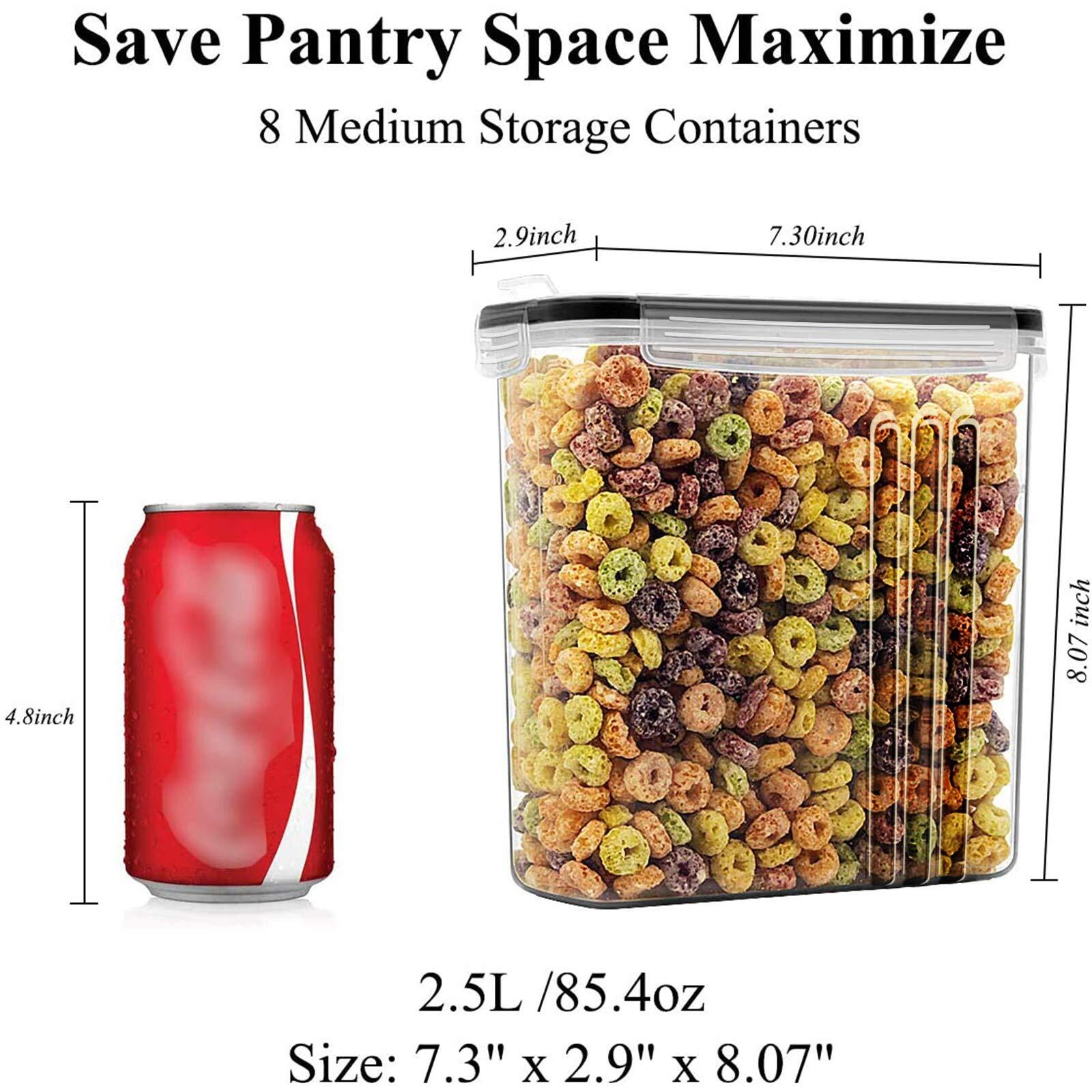 8-Pack 2.5L Airtight Cereal Containers Leak-Proof Black Lids for Pantry