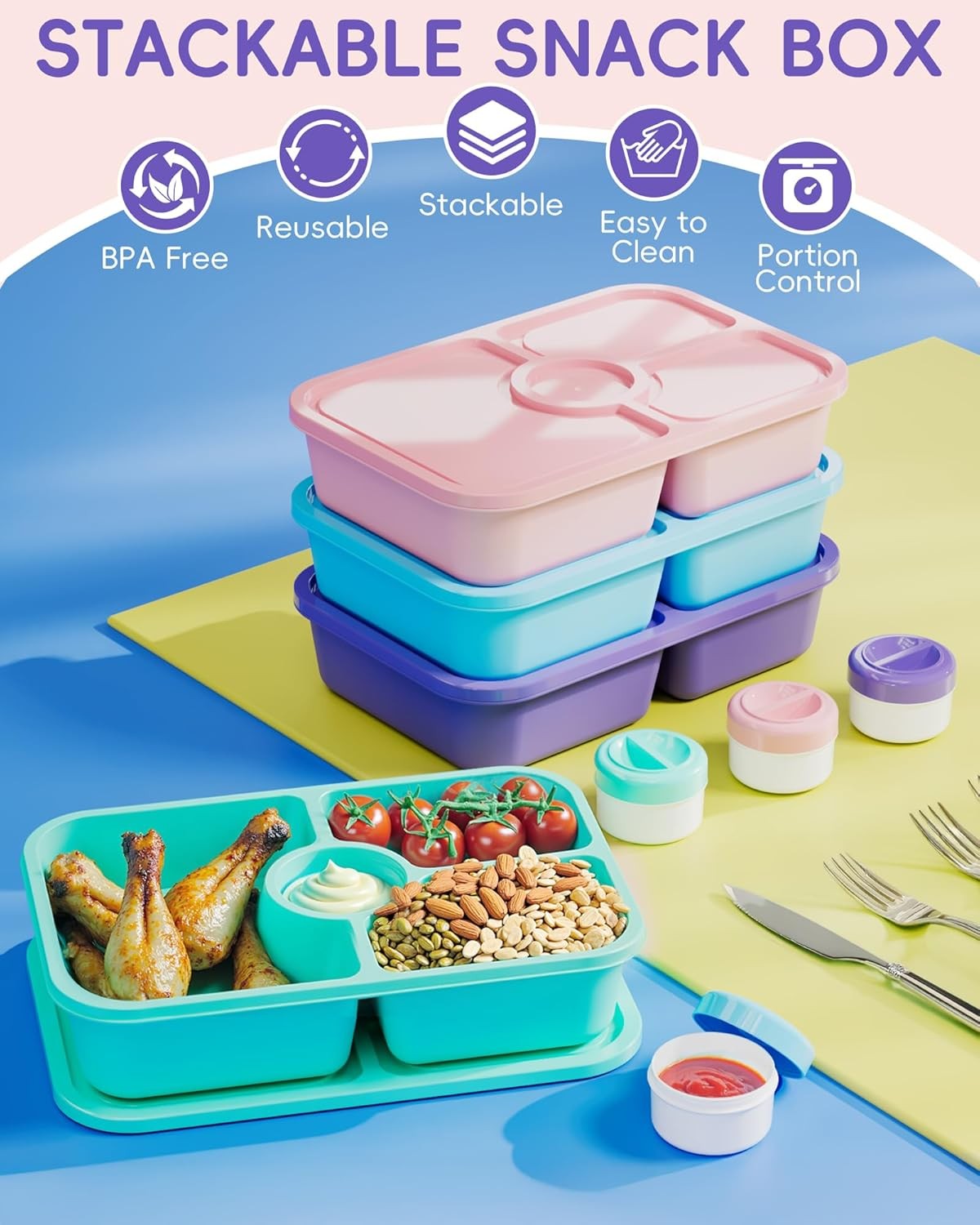 4 Pcs Bento Snack Box Containers 4 Compartment Divided Stackable Food Storage
