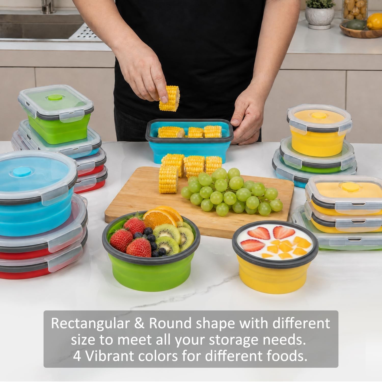 16-Pack Collapsible Silicone Food Storage Containers – Microwave & Freezer Safe
