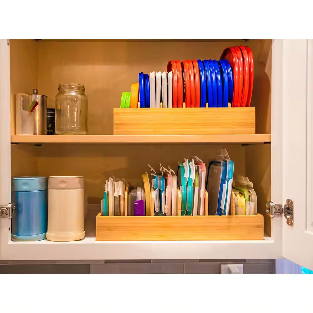Bamboo 1-Shelf Natural Adjustable Compartment Food Container Lids Organizer Draw