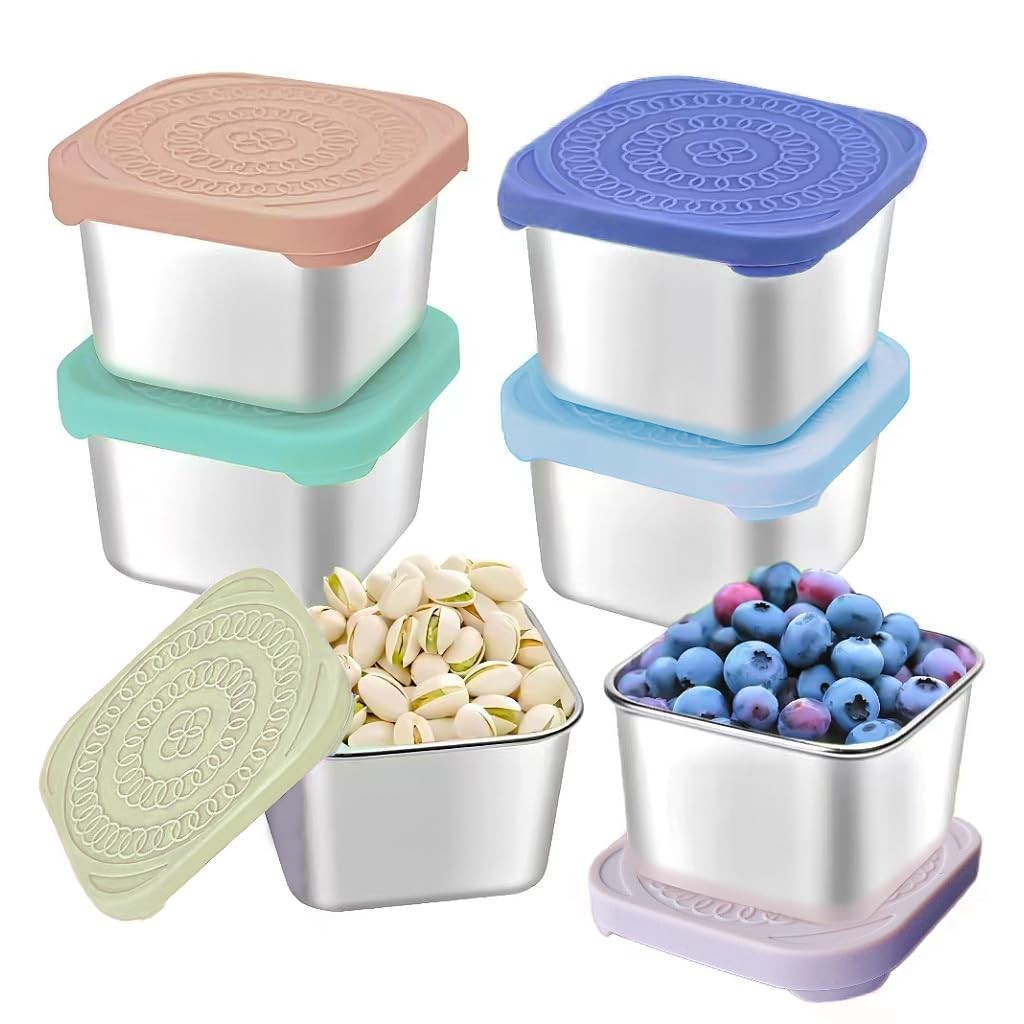 6Pack 6oz Stainless Steel Snack Containers for Kids, Easy Open Leak Proof Met…