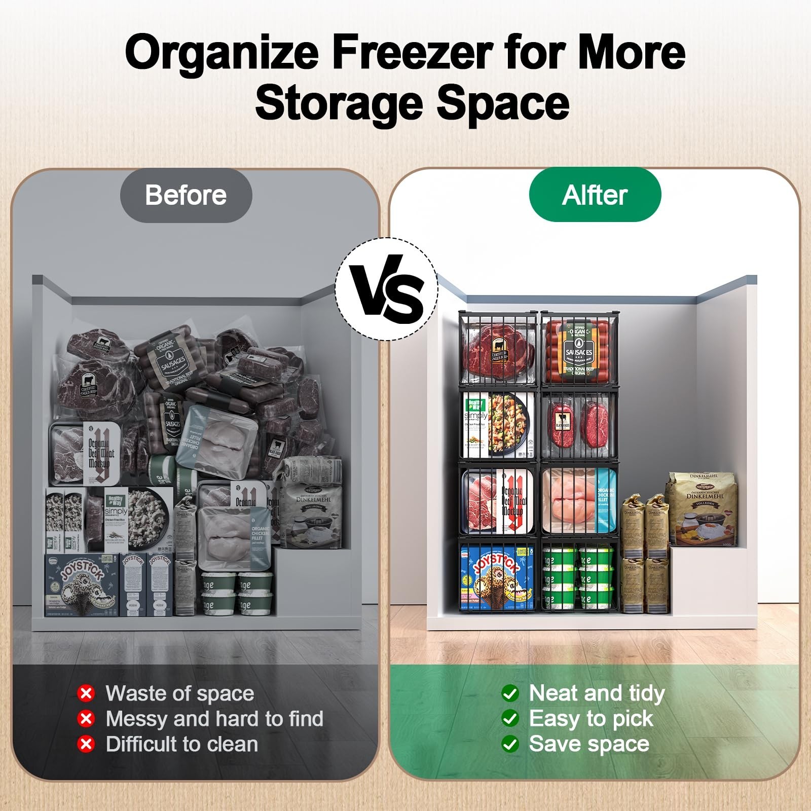 Stackable Freezer Organizer Bins 4-Pack – Deep Storage Baskets with Handles for