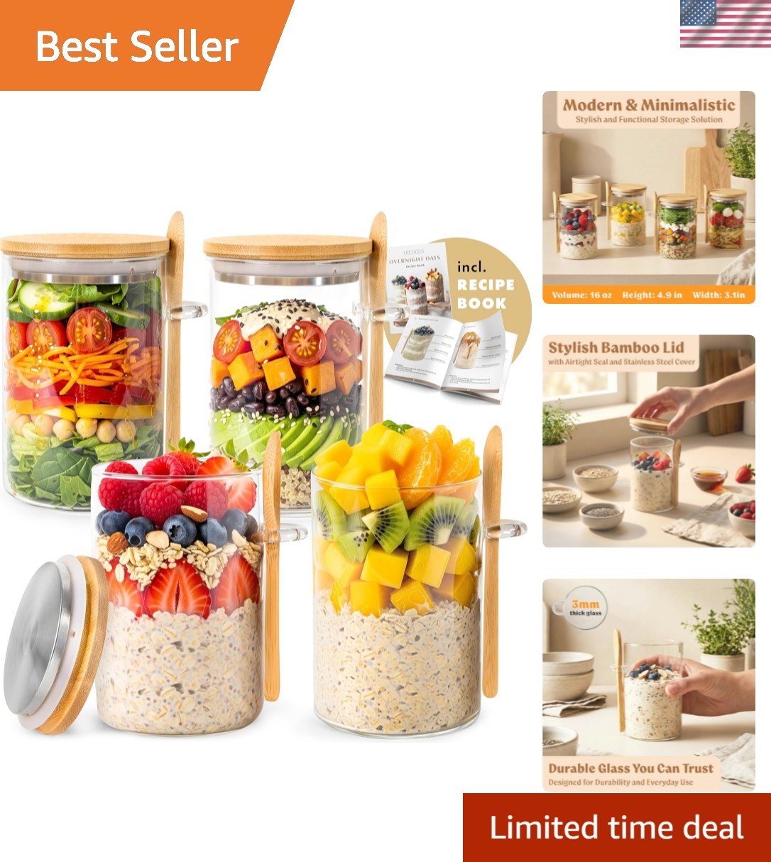 Overnight Oats Containers with Lids, Labels & Spoons 4 x 16oz Glass Jars for …