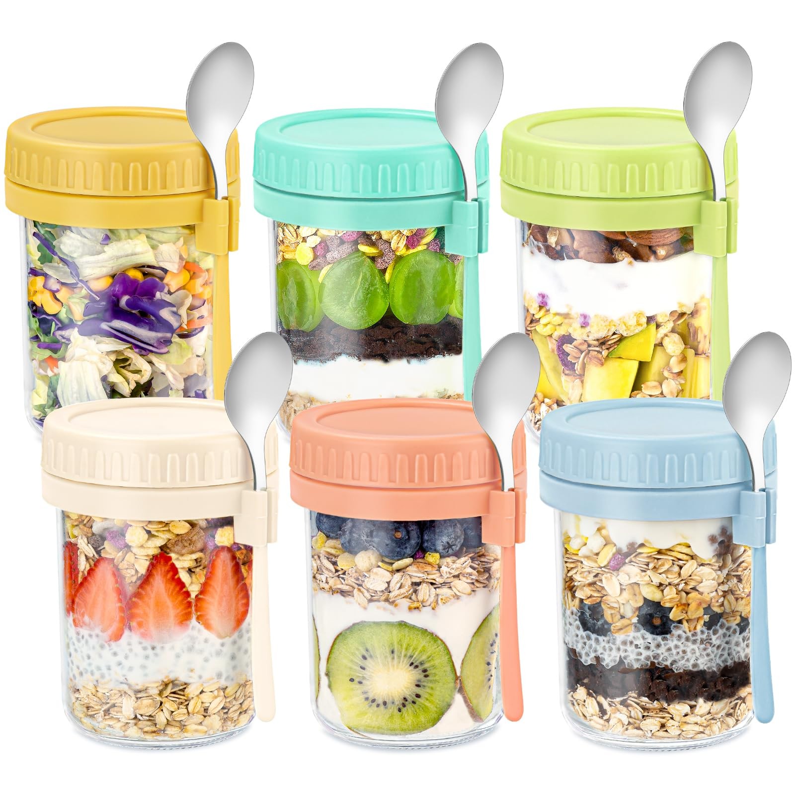 DRKIO 6 Pack Overnight Oats Containers with Lids and Spoons 16 Oz Glass Mason…