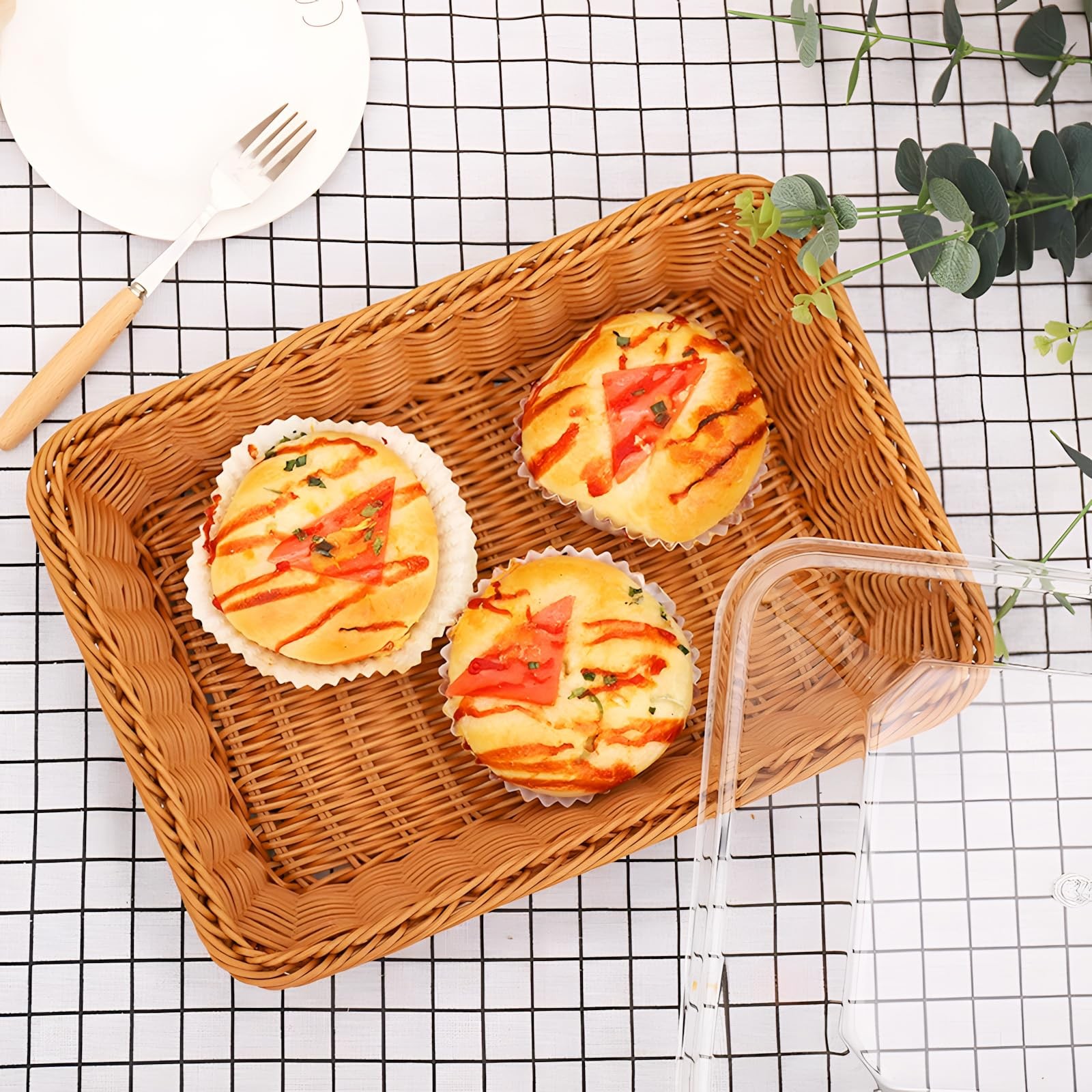 Rattan Bread Baskets, 3 Pack, rectangular Woven Baskets with Acrylic Lids, 13…
