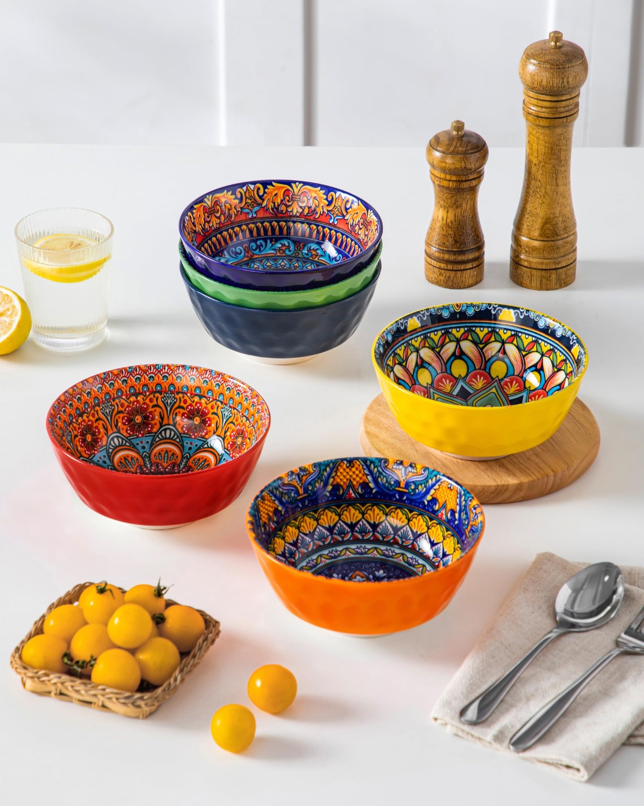 Boho Cereal Bowls Set of 6, 26 oz Ceramic Soup Bowls with Colorful Bohemian P…