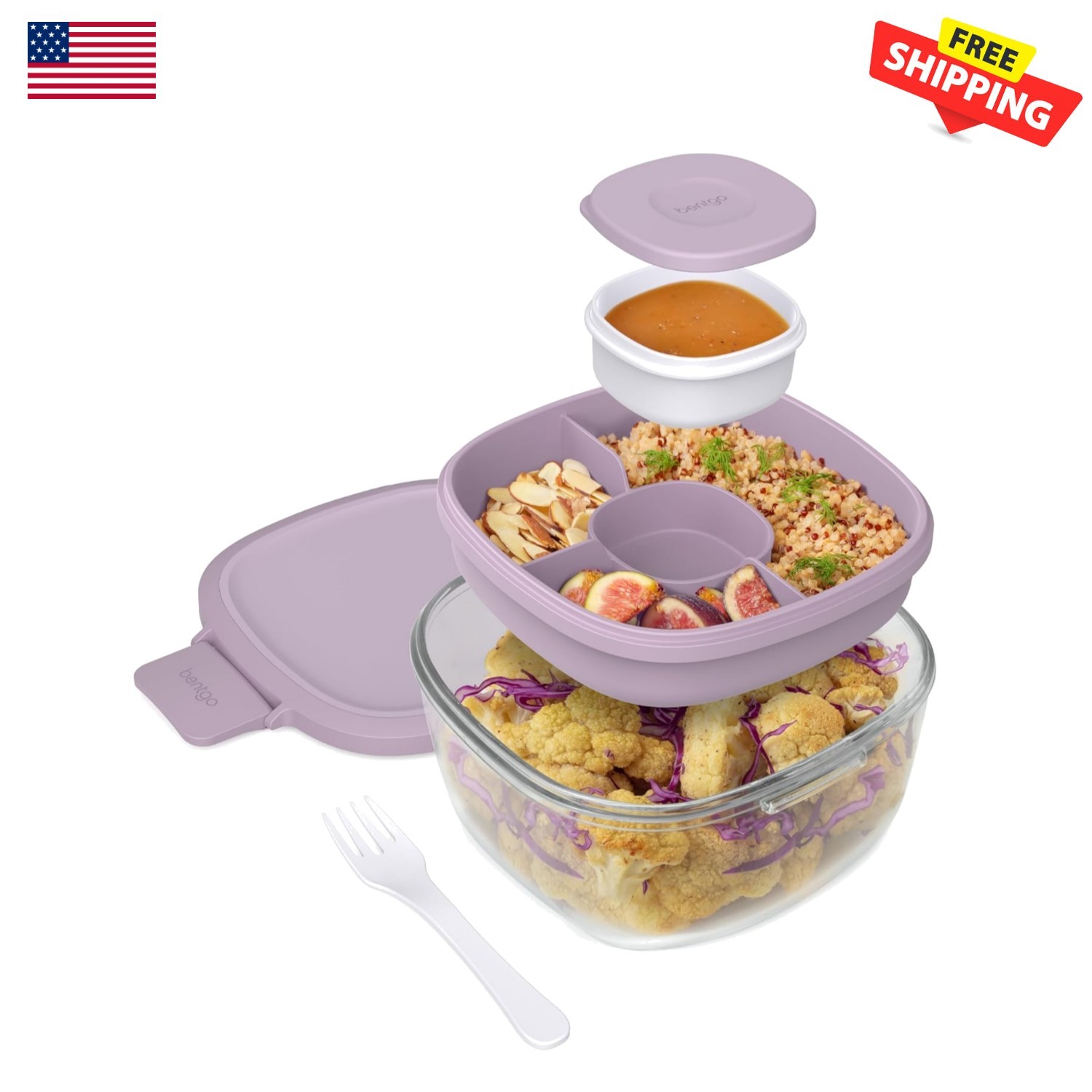 Elegant 7.6-Cup Glass Salad Container with Airtight Lid & 4-Compartment Tray