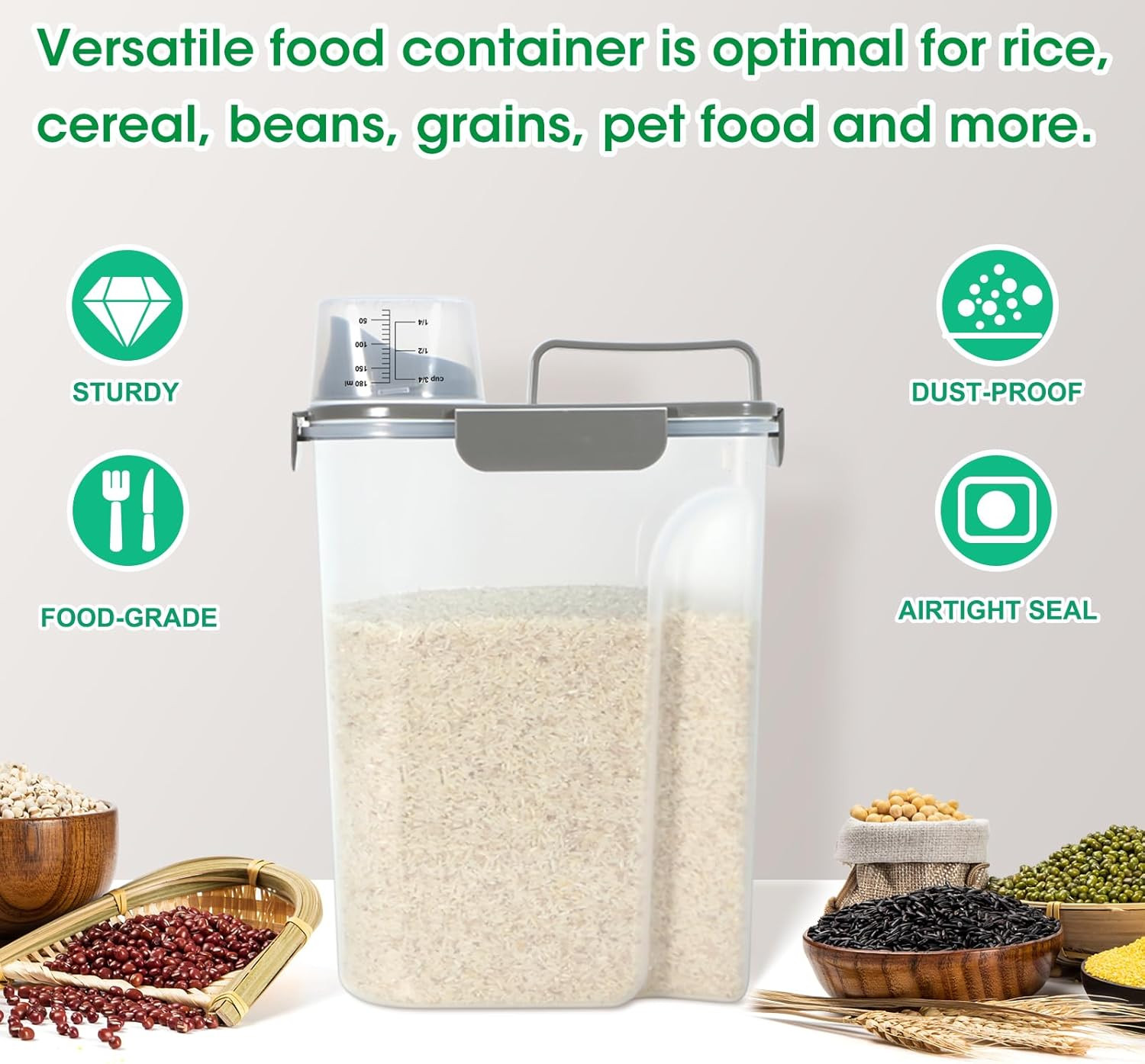 Airtight 10L Food Storage Container for Rice, Cereal, & Pet Food – Dark Grey