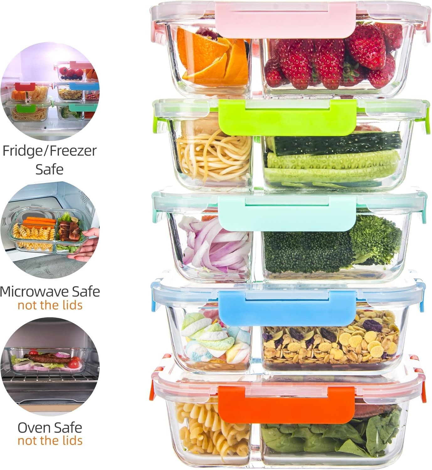 Glass Food Storage Containers 3 Compartment with Lids (5 Pack, 34oz), Divided Gl