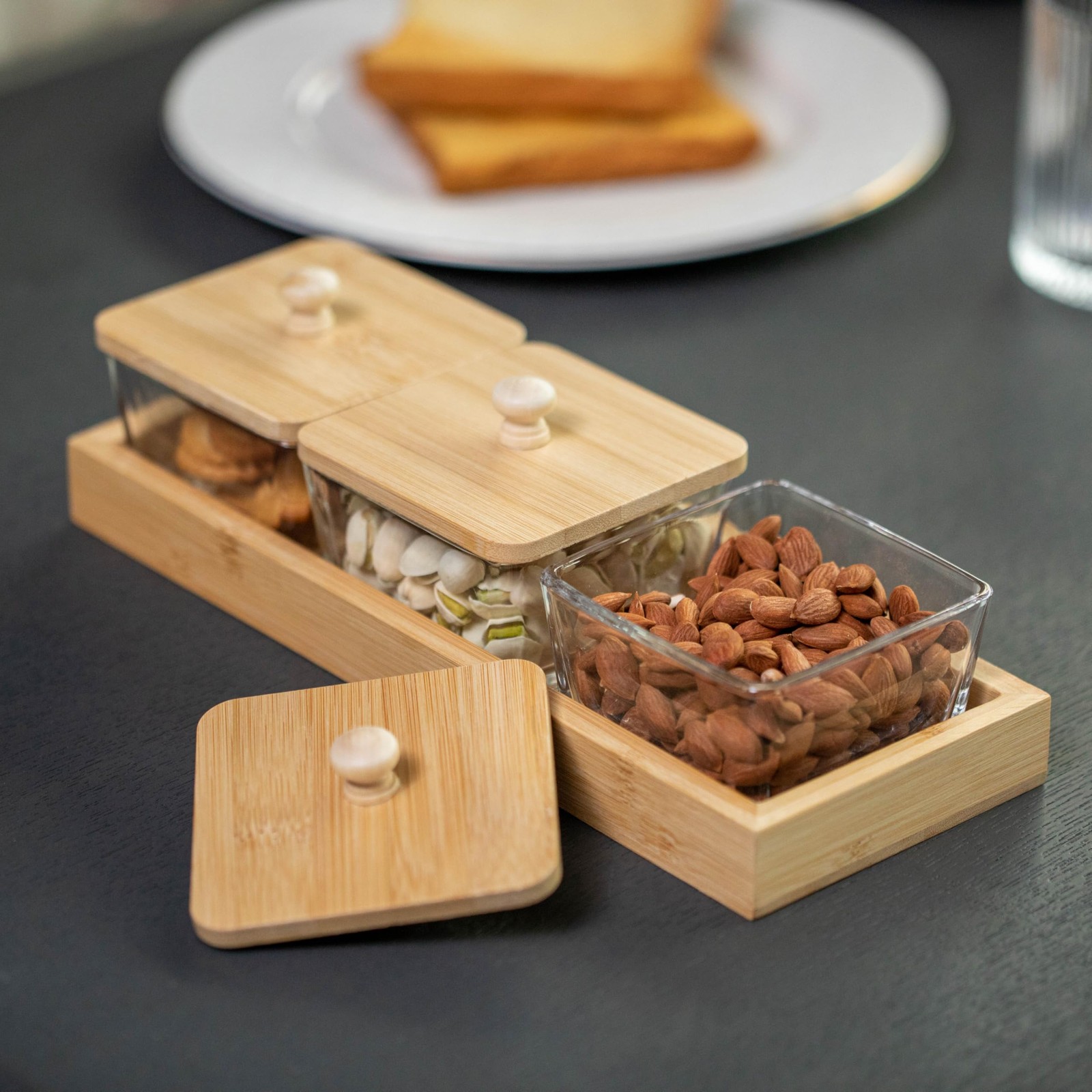 Set of 3 Square Glass Jars with Bamboo Lids and Wooden Tray – Rectangular Cha…