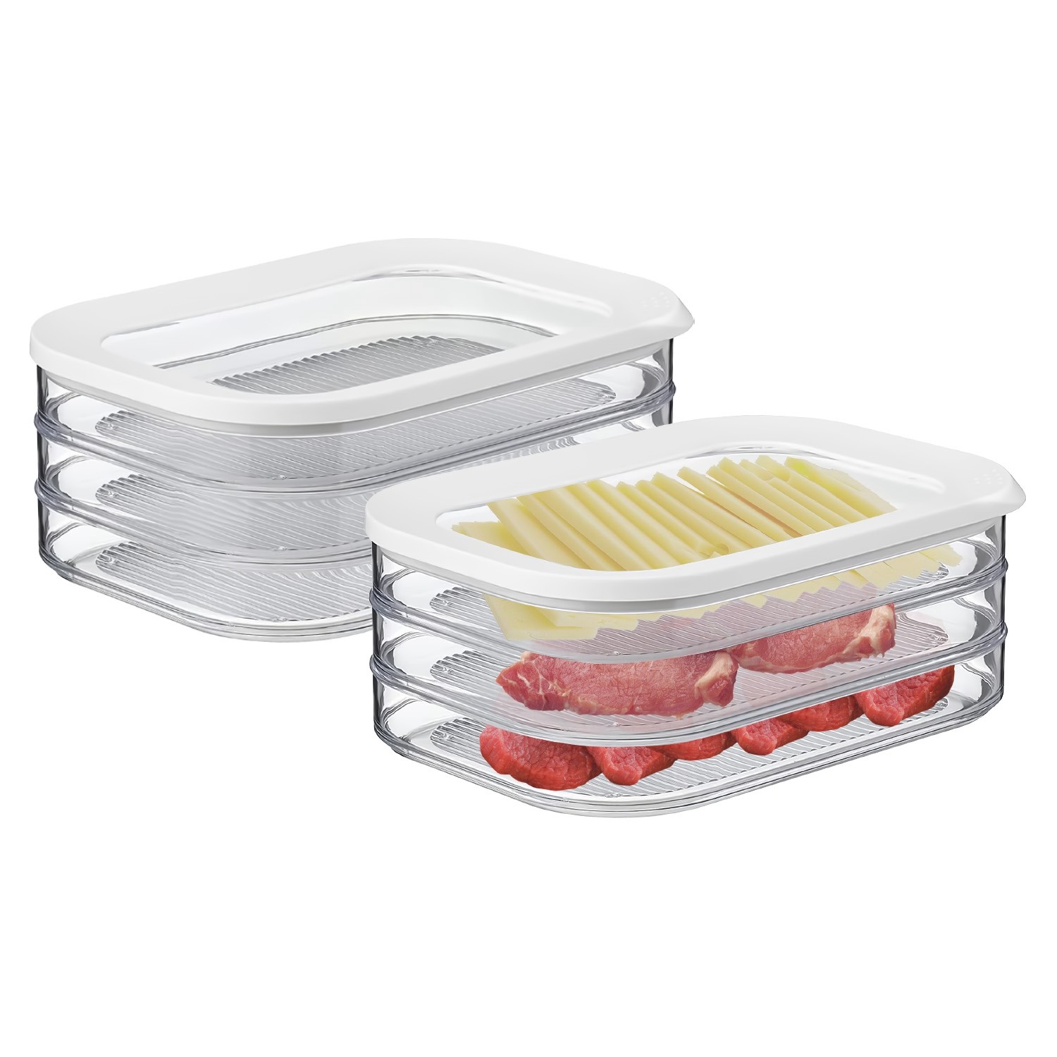 2pcs 3-Tier Meat Container Stackable Food Storage Boxes with Lid for Fridge