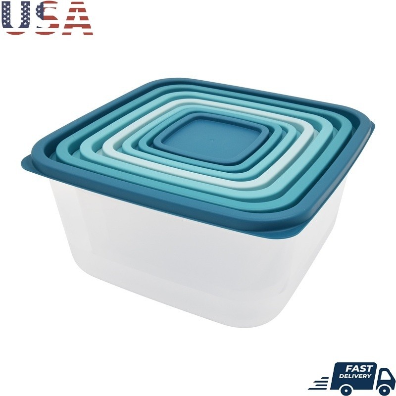 Plastic Food Storage Containers Set Stackable Nestable 7 Pieces Teal