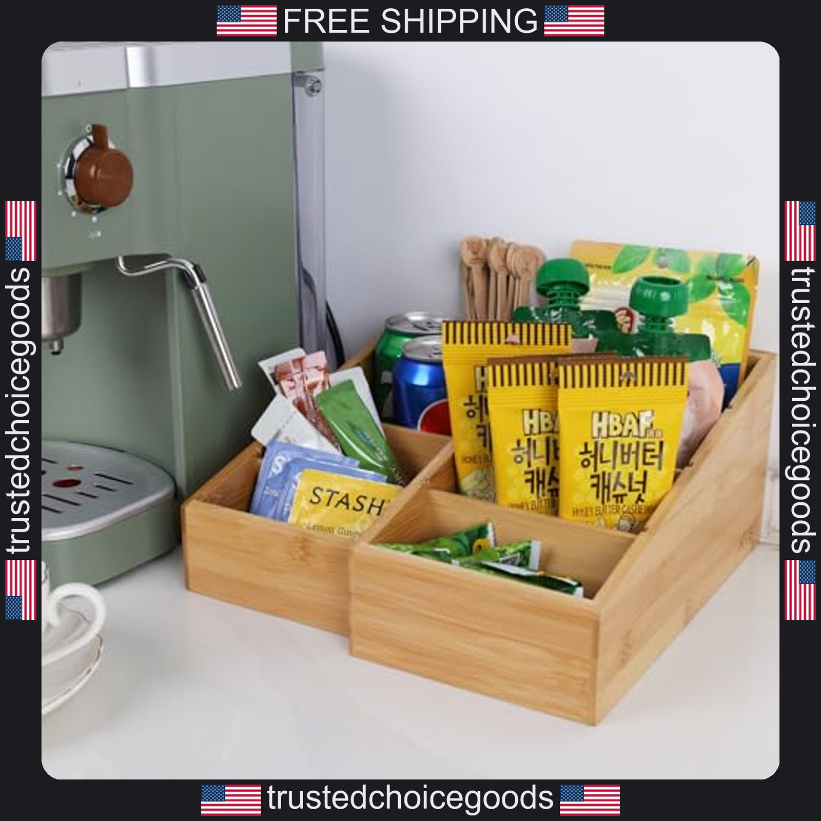 Set of 2 Bamboo Pantry Organizers with Removable Dividers for Kitchen Storage