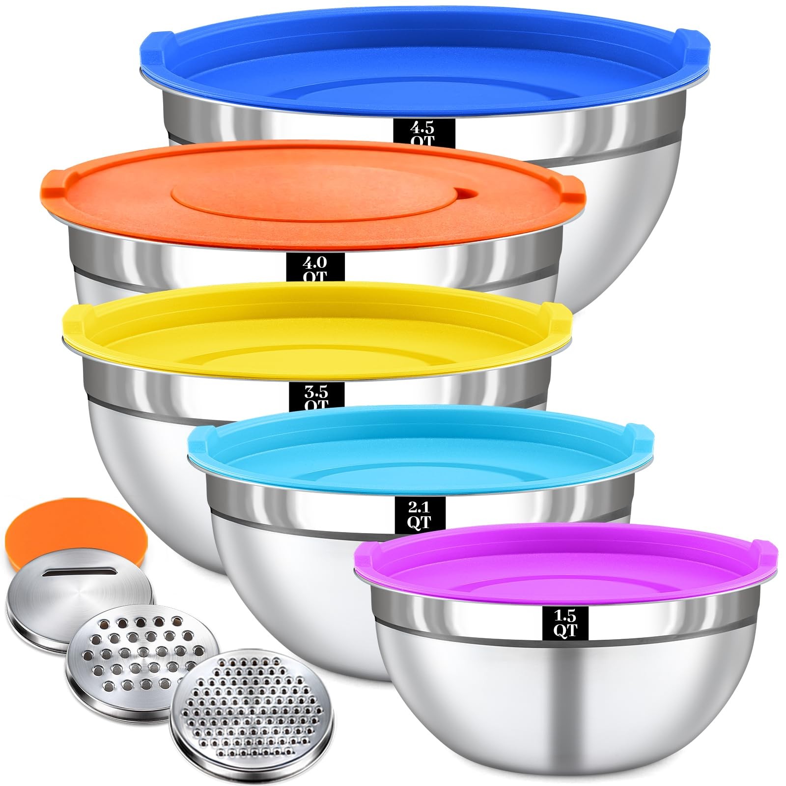 8PCS Mixing Bowls with Lids Set – 5 Nesting Mixing Bowls, 3 Grater Attachment…