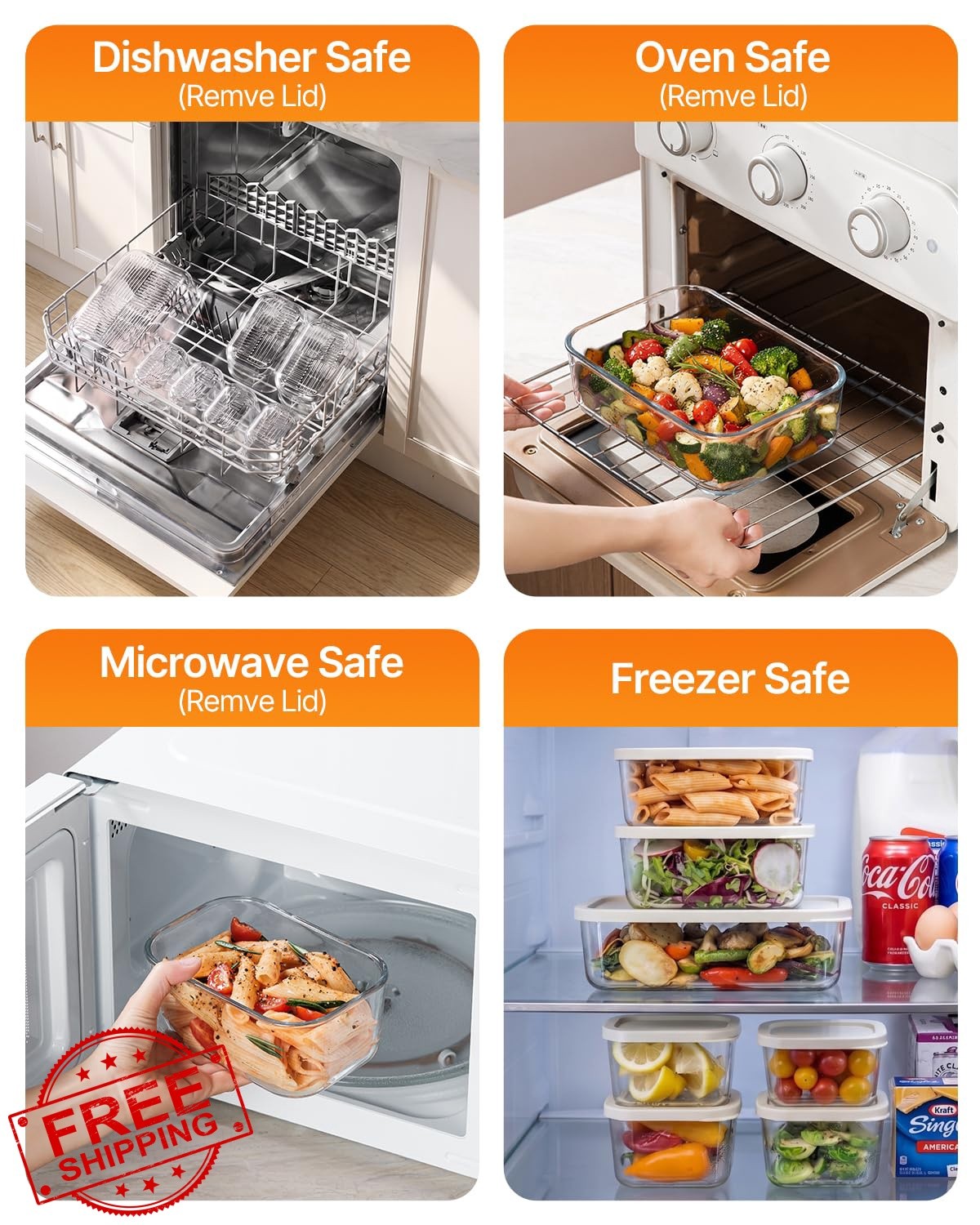 KEMETHY 7pk Glass Food Storage Containers Lids