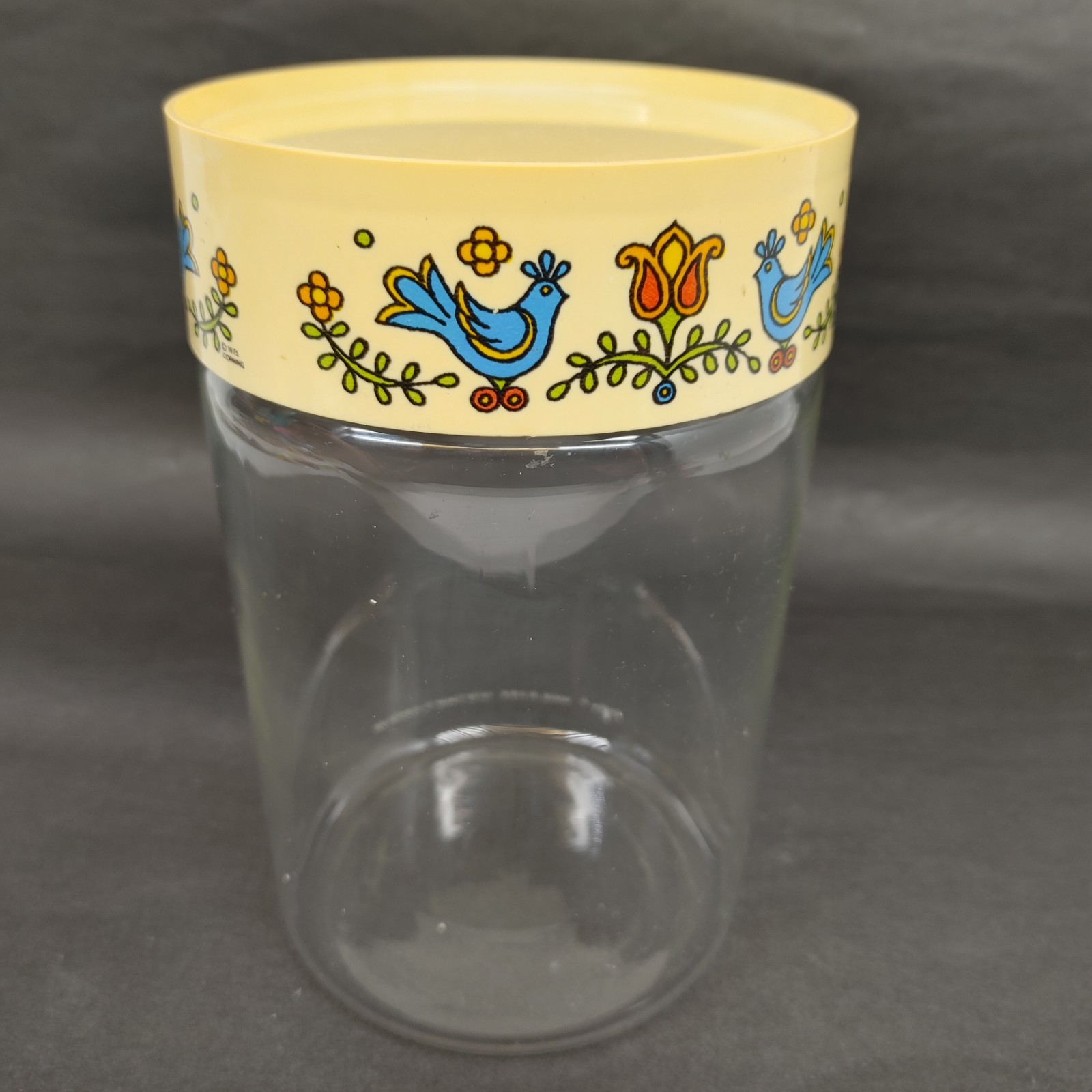 Vintage Pyrex Country Festival Bluebird Storage Glass Container Plastic Lid 1975