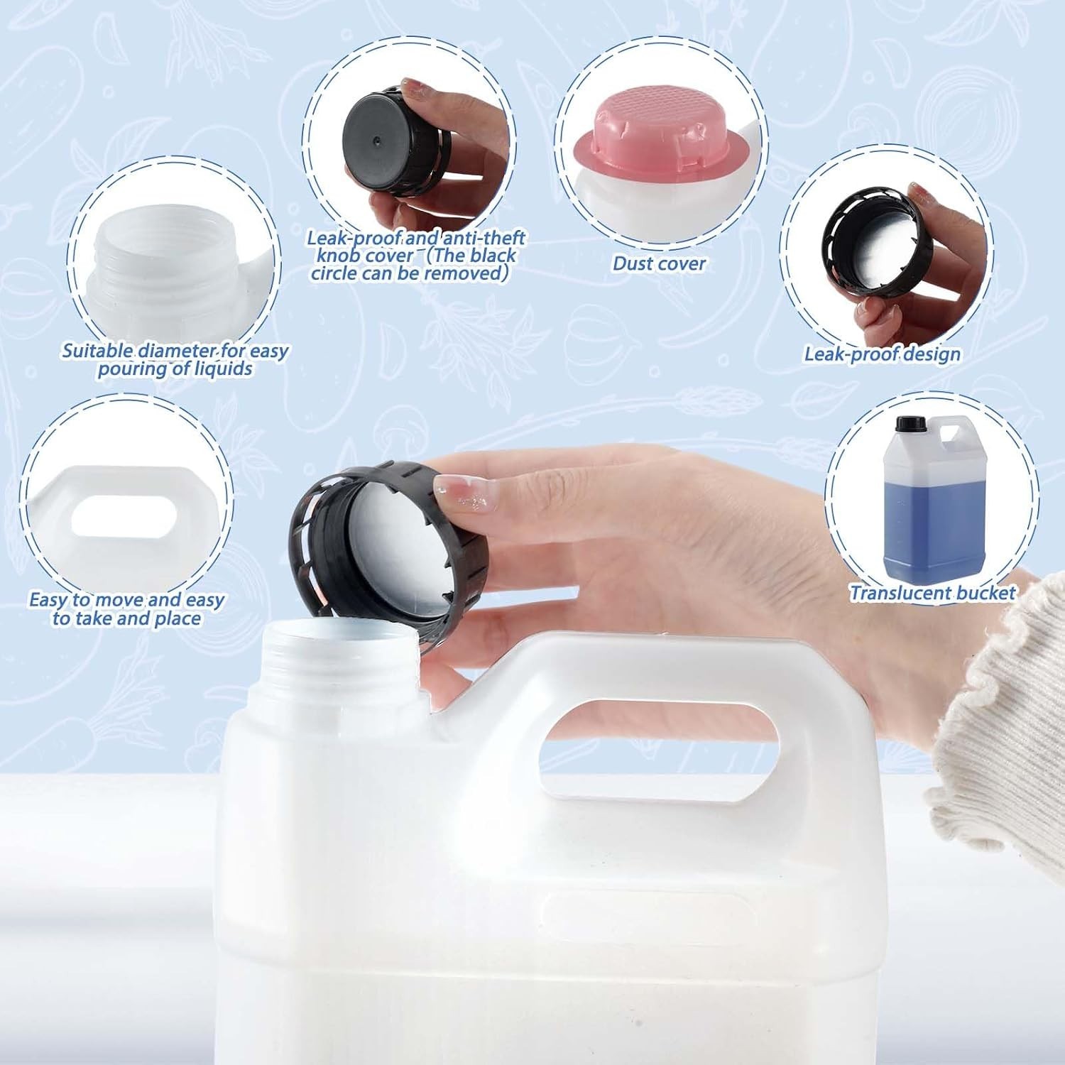 HDPE Plastic Storage Jugs with Lids Five Pack One Gallon for Home and Commercial
