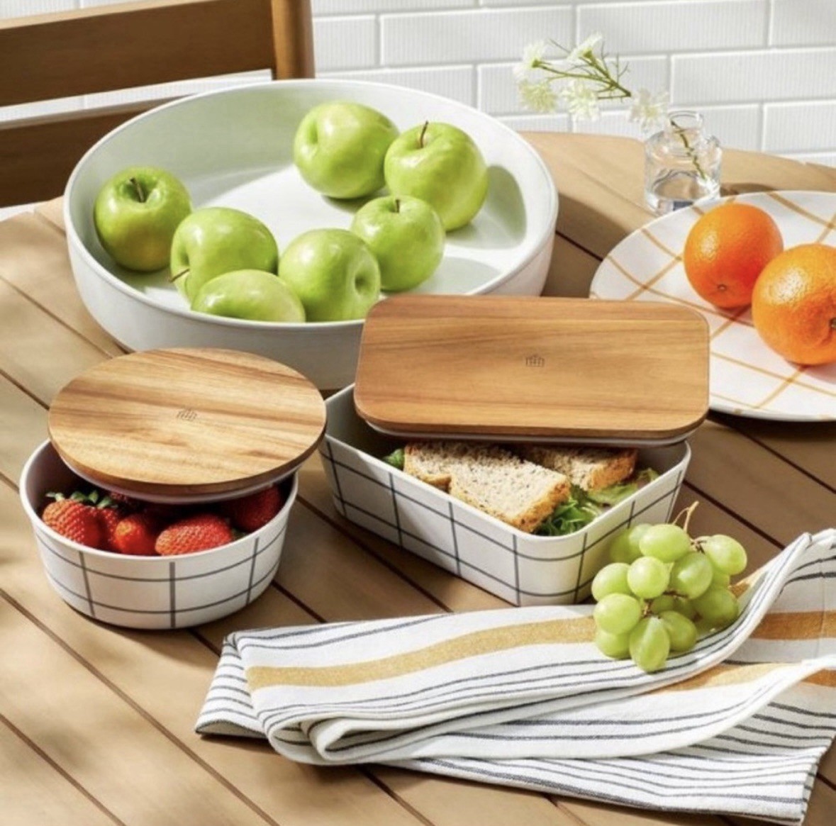 Hearth & Hand 45oz Grid PatternBamboo-Melamine Bento Food StorageBox Wood Lid