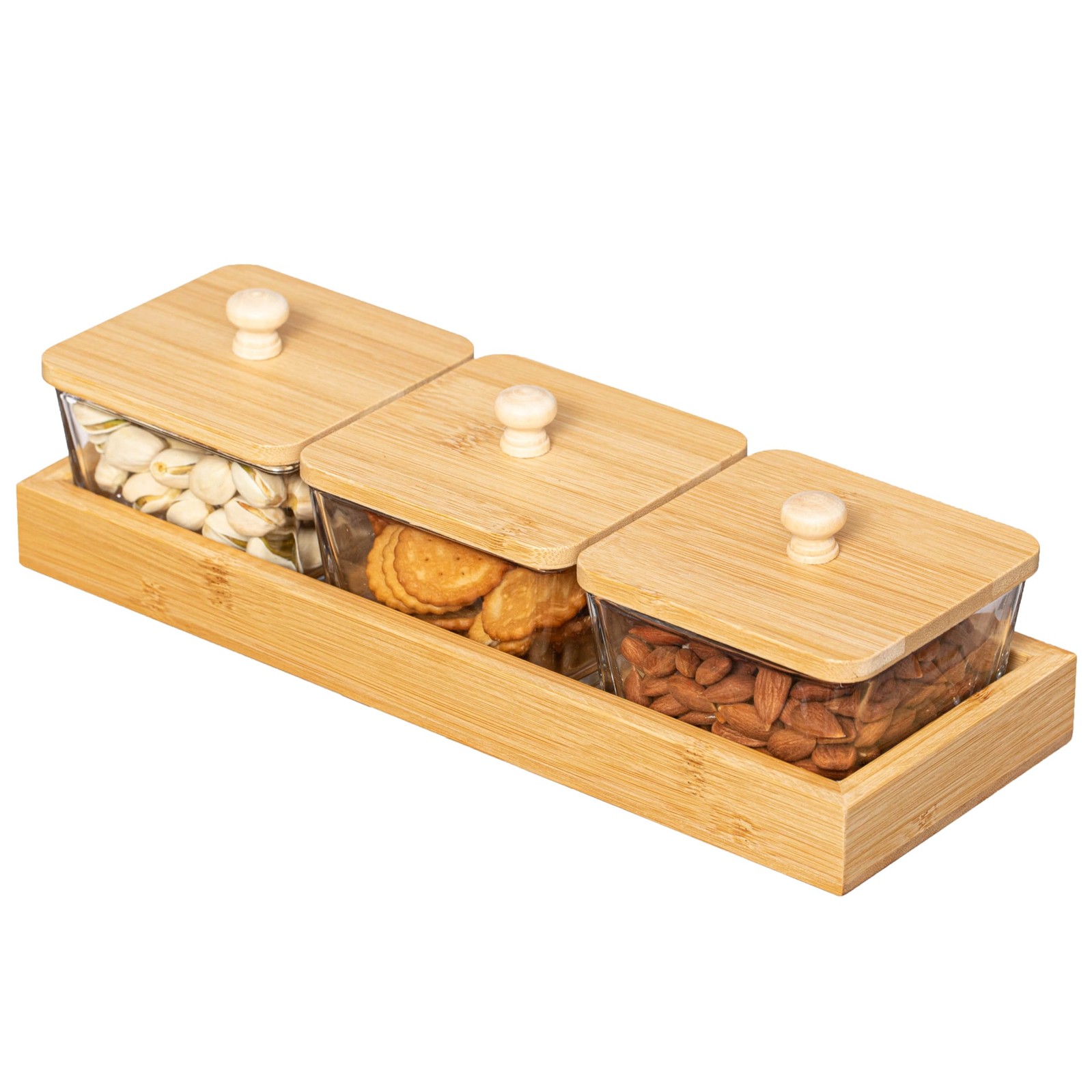 Set of 3 Square Glass Jars with Bamboo Lids and Wooden Tray – Rectangular Cha…
