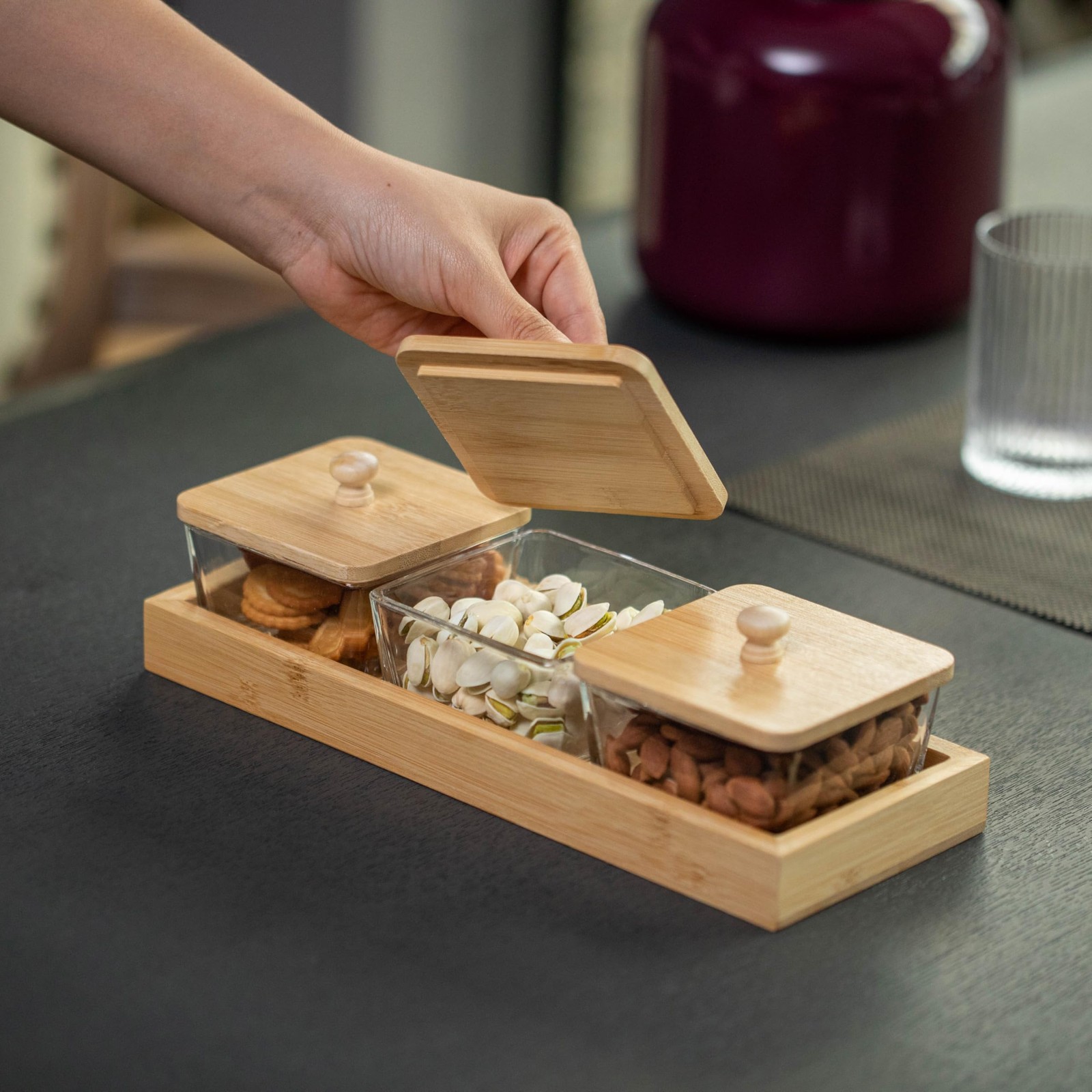 Set of 3 Square Glass Jars with Bamboo Lids and Wooden Tray – Rectangular Cha…