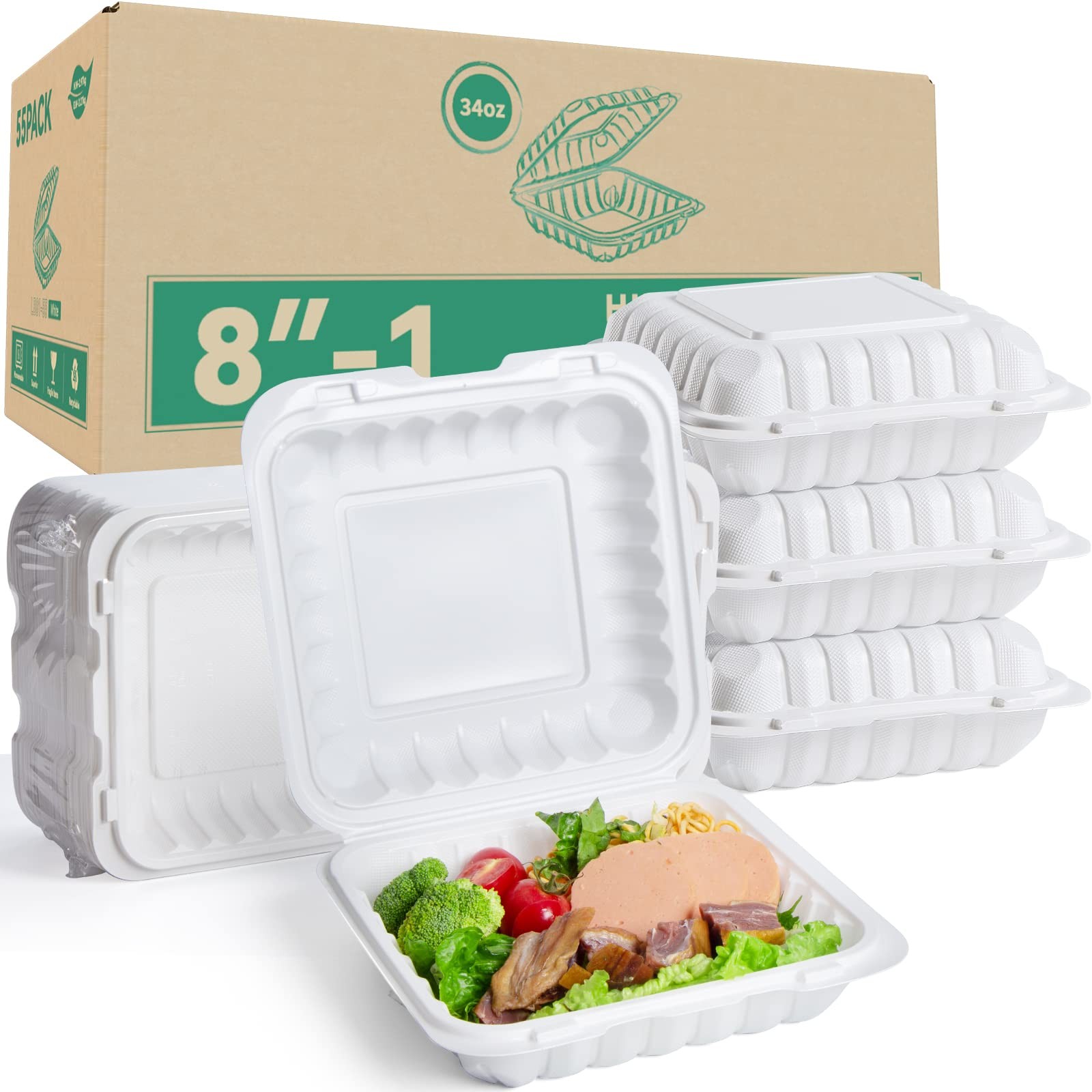 Takeout Container Mineral Filled PP Plastic – 8 Inch 34oz 55 Pack | Shrink Wr…