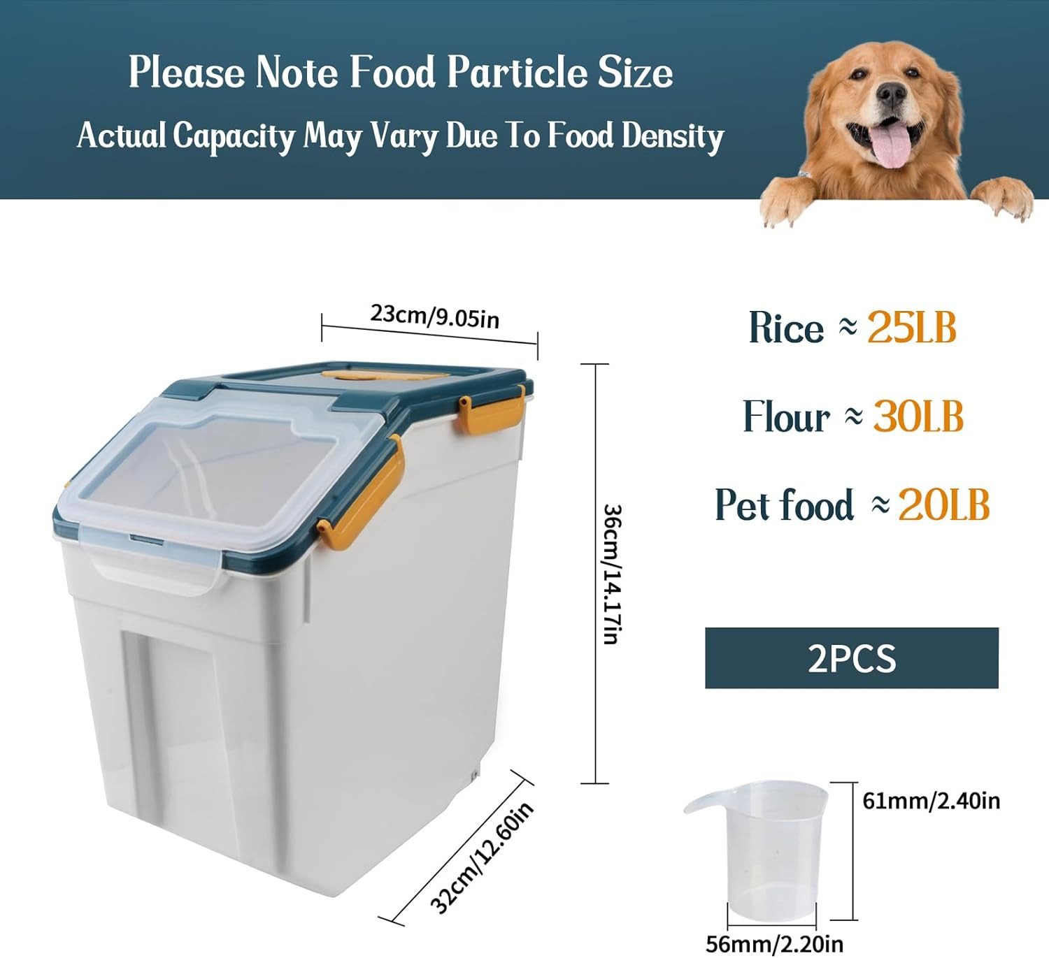 Large Flour Storage Container Bin 25Lb, 2Pack Airtight Rice Storage Containers w