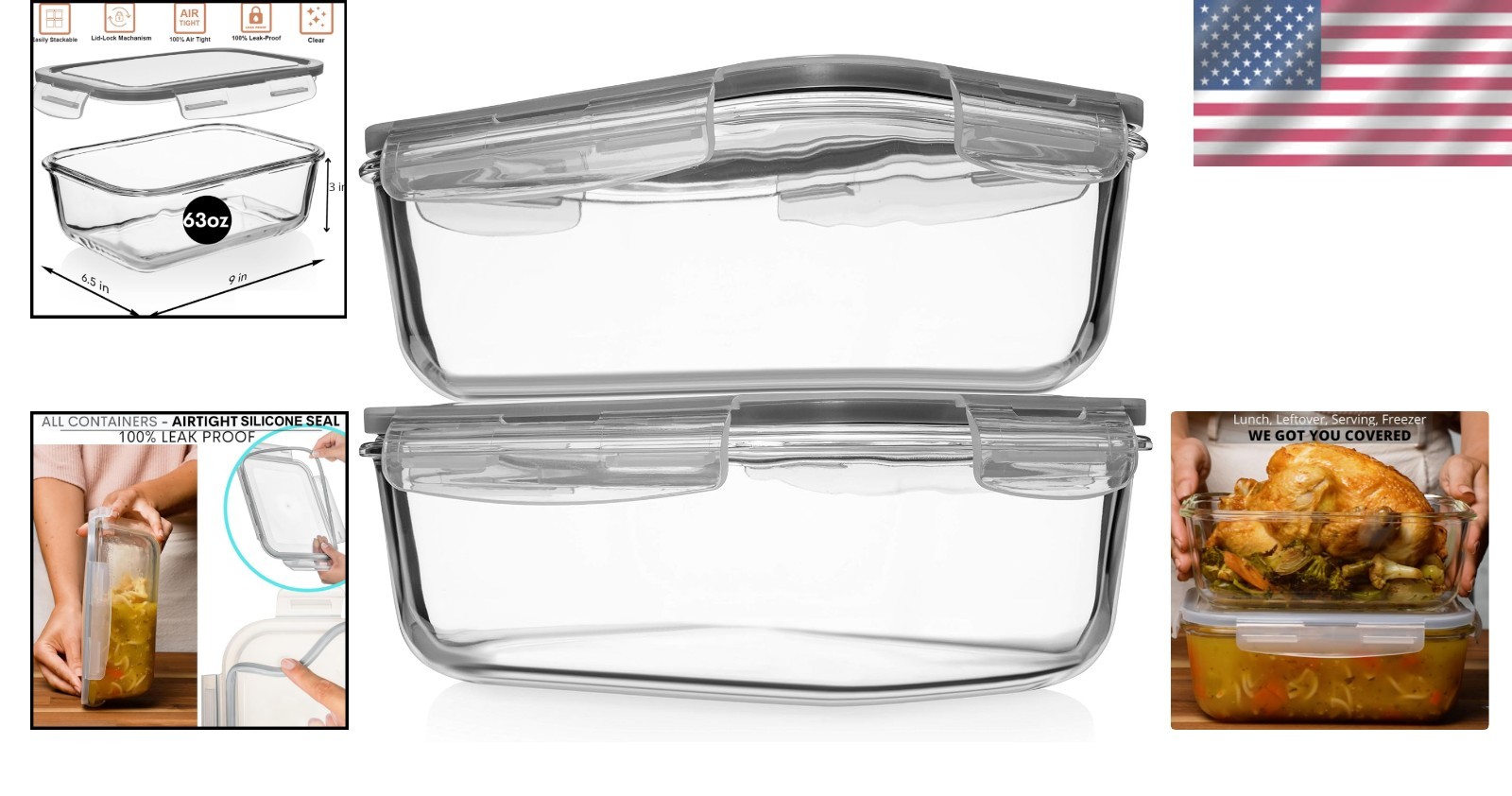 Clear 8 Cup Glass Containers with Locking Lids – Ideal for Meal Prep & Baking