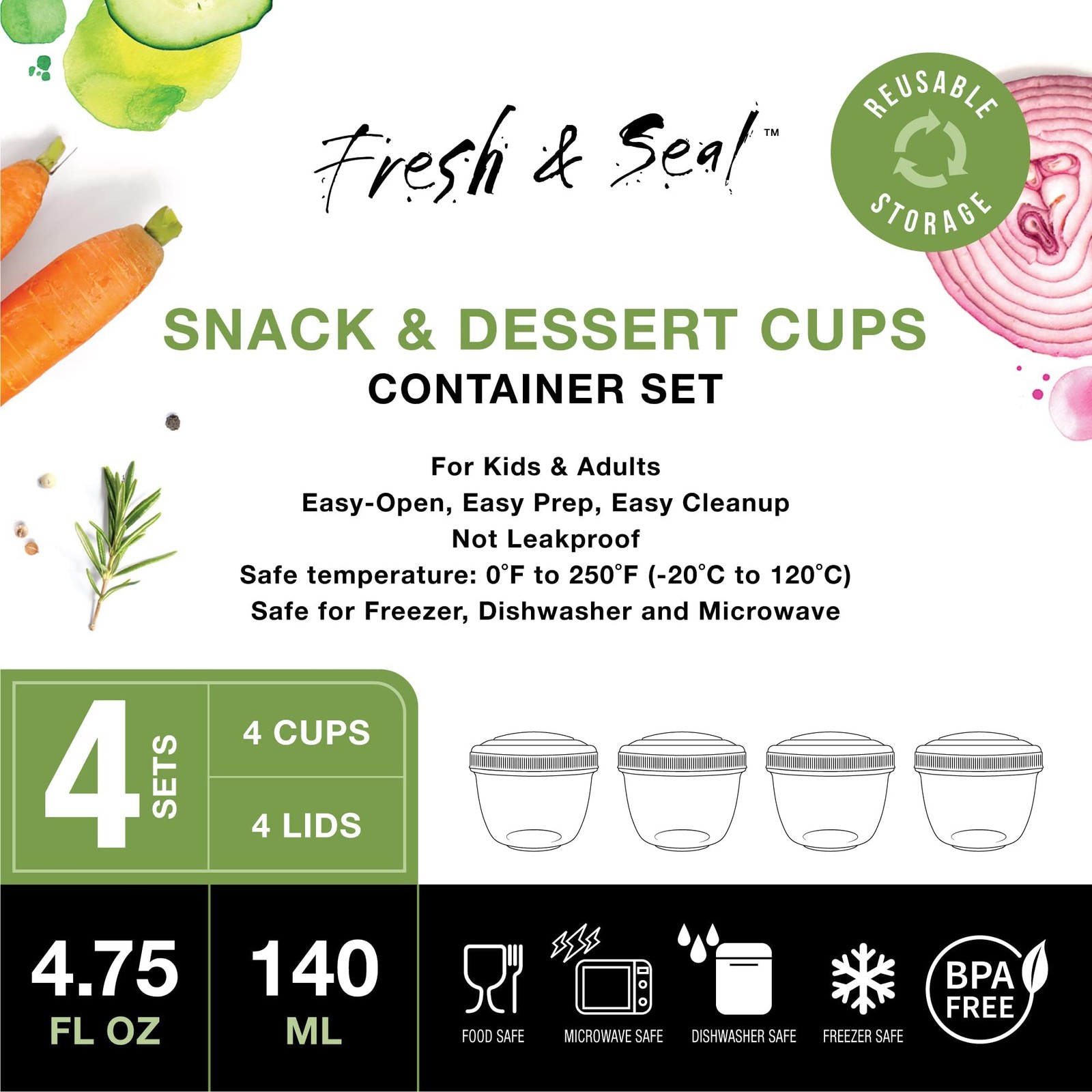 Snack Containers (4 Set) – 4.75 Oz Small Food Storage Cups with Lids – Fruit,…