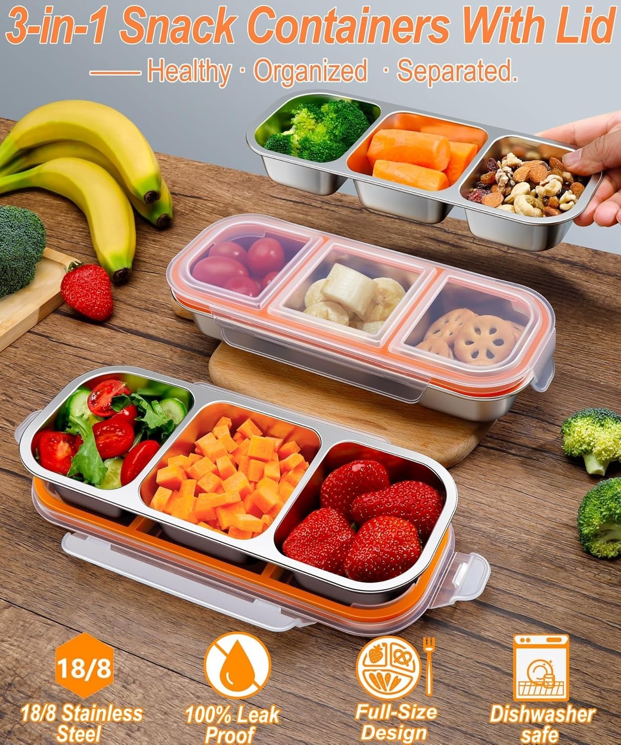 Stainless Steel Snack Container Large Leak-Proof 3-Compartment Lunch Box