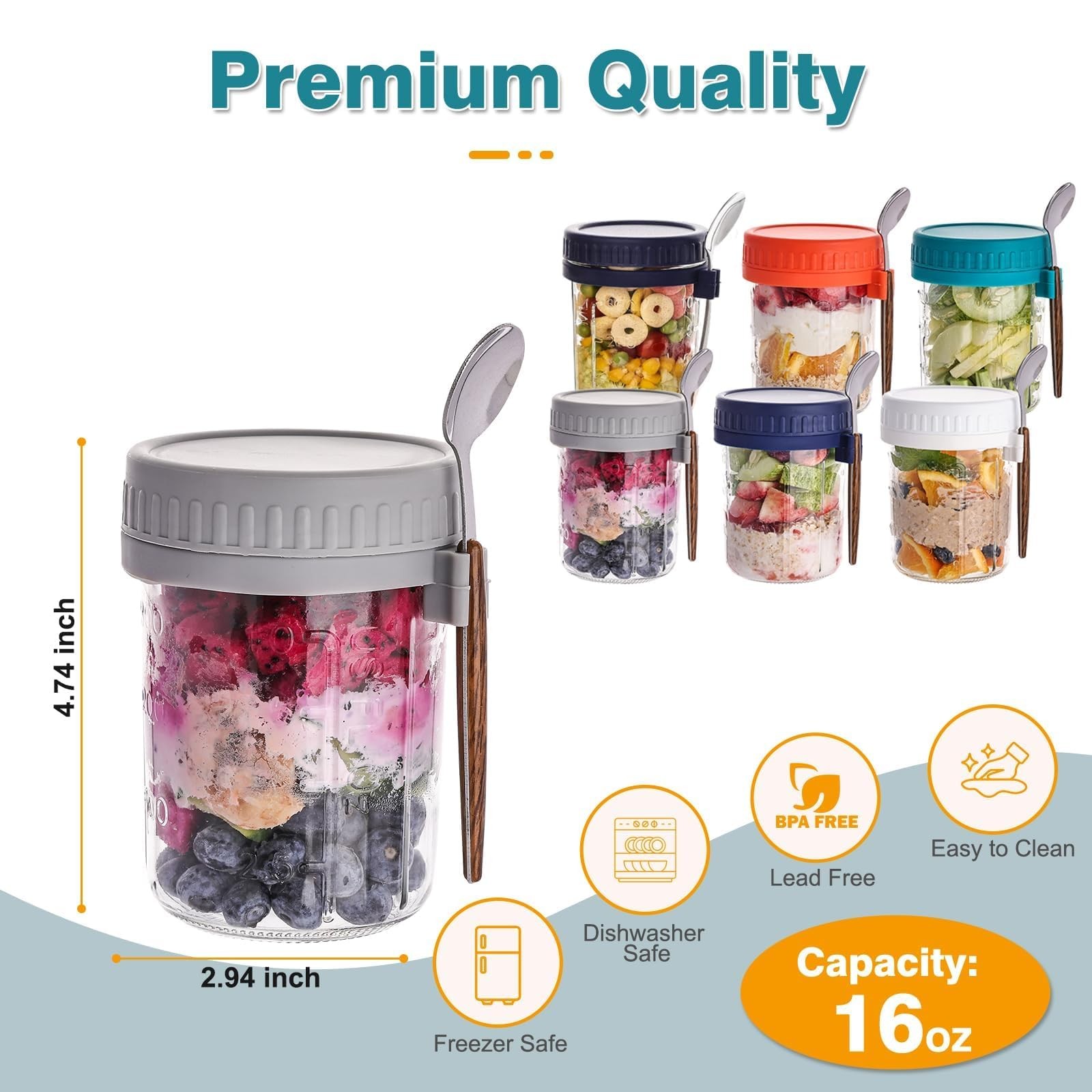 6 Pack Overnight Oats Containers with Lids and Spoons, 16 OZ Glass Oatmeal Co…