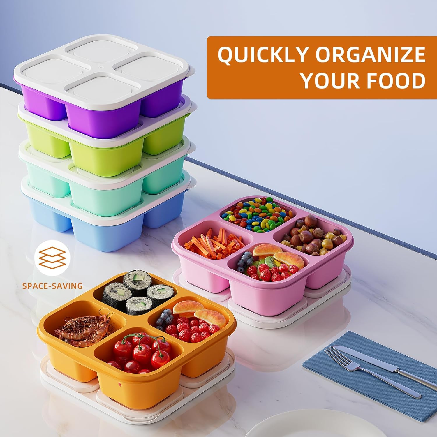 6 Pcs Bento Snack Containers, Reusable 4 Compartment Food Storage Container with