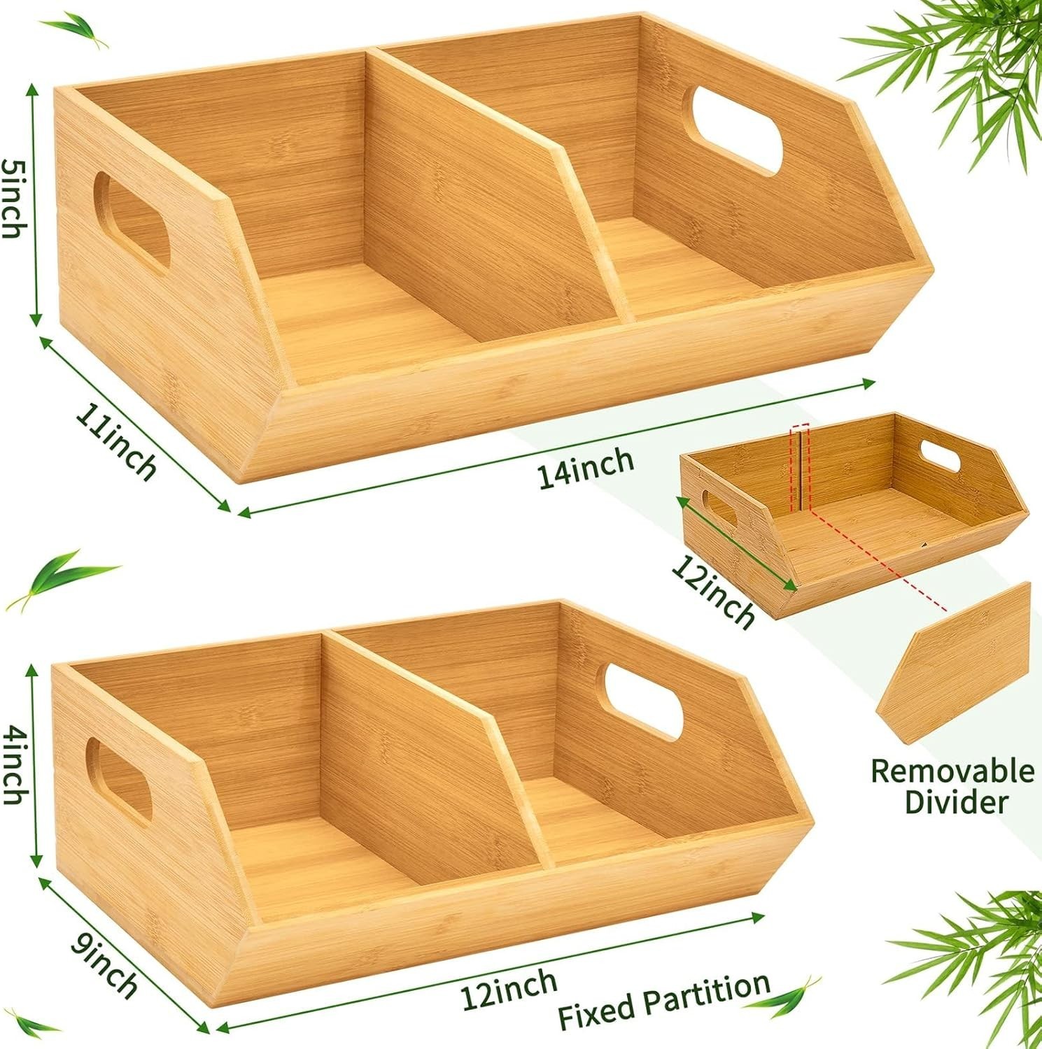 2 Set Kitchen Countertop Bamboo Storage Bins, Pantry Organizers and Storage