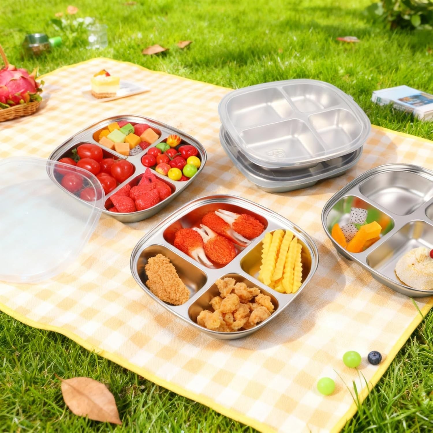 Dishwasher Safe 6-Pack Stainless Steel Lunch Box with 4 Compartments for Snacks