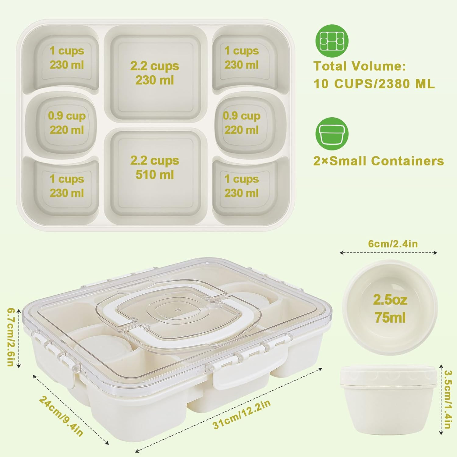 Snackle Box Container with 2 Sauce Cups – Large 8-Compartment Divided Serving Tr