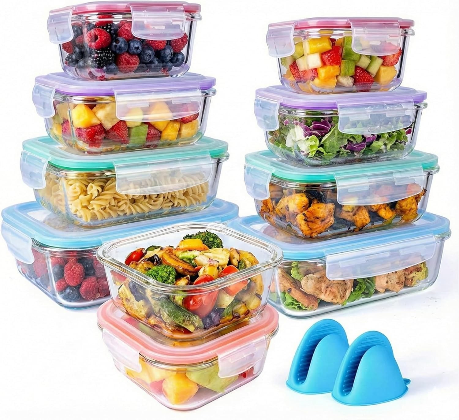 Bo-Toys 20 Pc Glass Food Storage Containers with Snap Lock variable, Multi